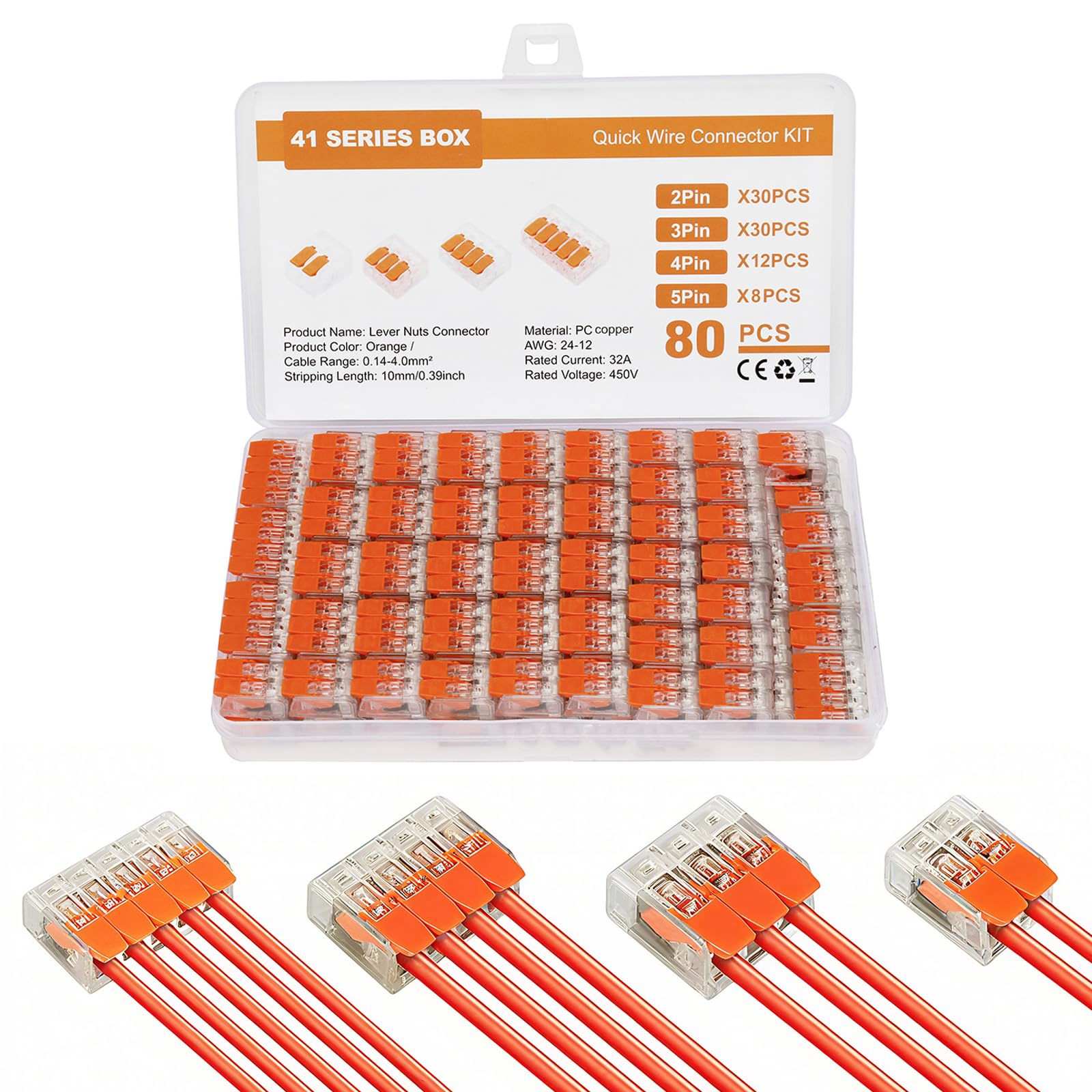 VesperaMirage 80 Stück Kabelverbinder Set – Hebel-Kabelklemmen Elektro 2/3/4/5 Polig, Verbindungsklemmen bis 4 mm², Lüsterklemmen für feste & flexible Kabel, 2–5 Leiter