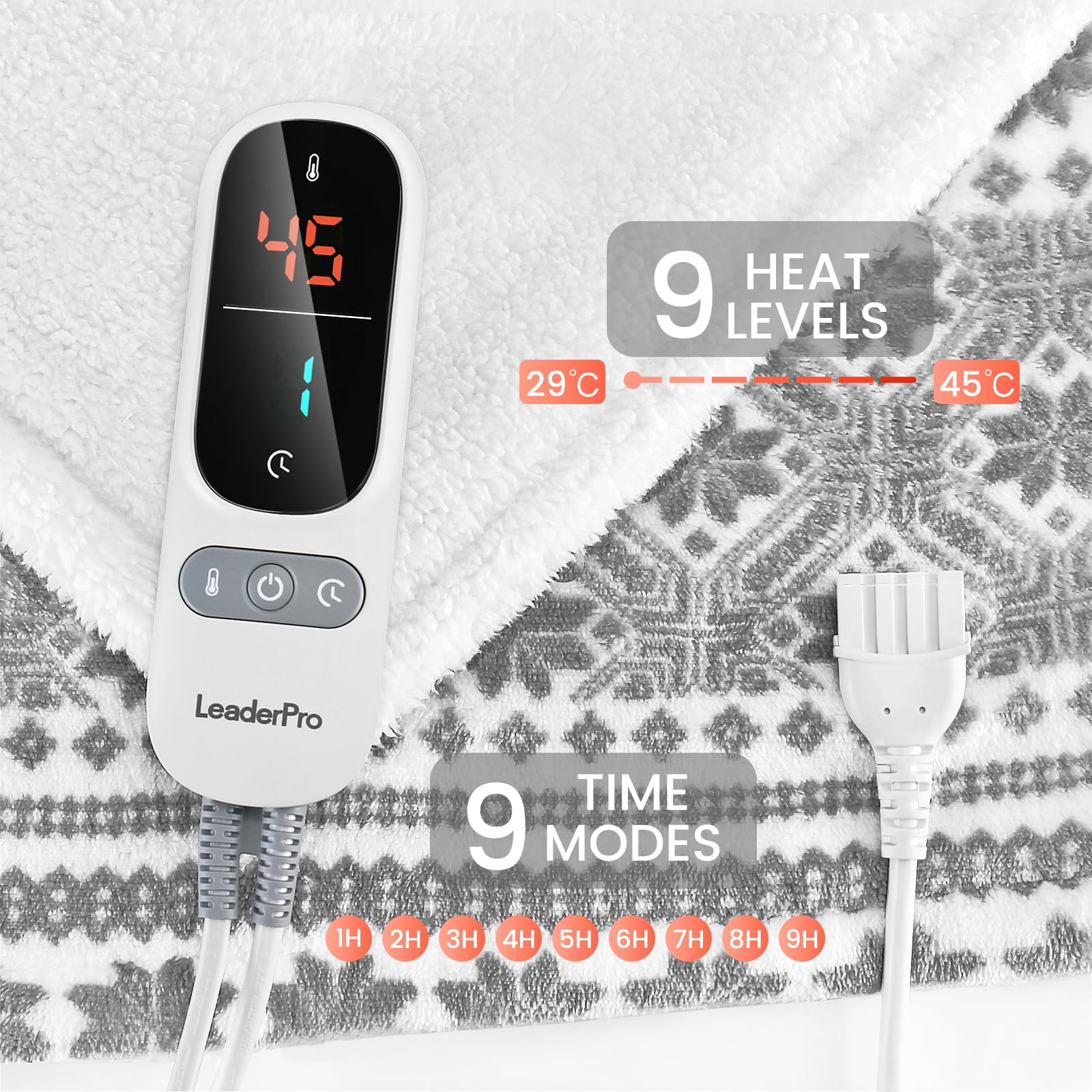 LeaderPro Heizdecke mit Abschaltautomatik,180x160cm Flanell Heizdecke 6 Heizstufenund 1-9 Stunden Timer,mit Überhitzungsschutz,Kuscheldecke für Bett&Büro Waschbar,Grau