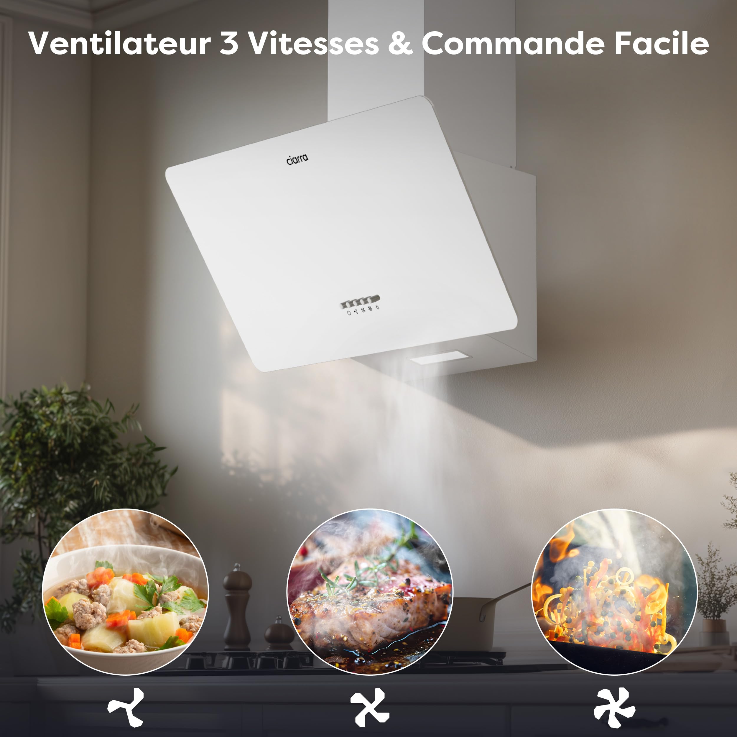 CIARRA Hotte Aspirante Inclinée 60cm 350 m³/h LED Silencieuse Recyclage Evacuation Blanc
