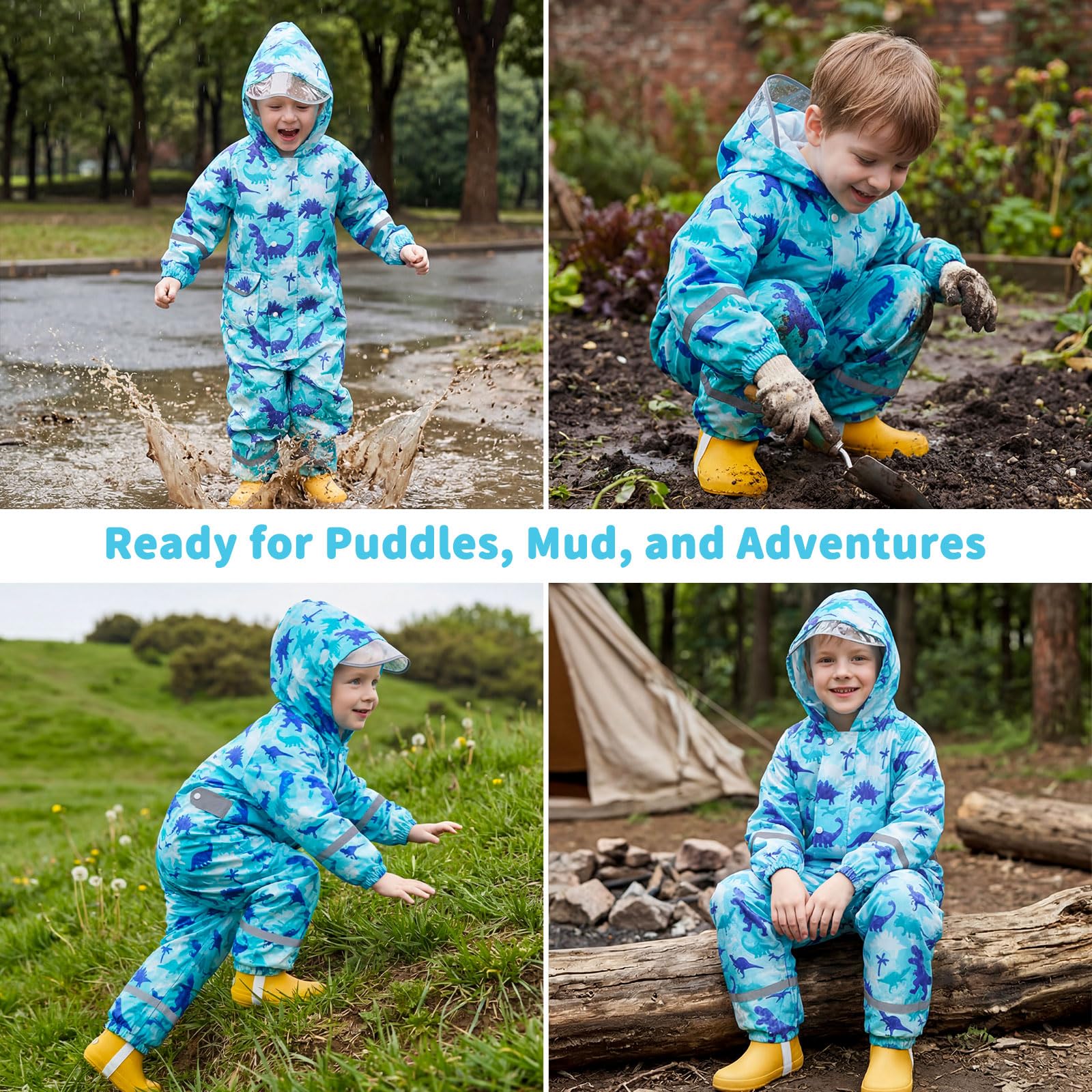 Imperméable à Capuche Enfant Fille Garçon Combinaison de Pluie Respirant Léger Vestes avec Bandes Réfléchissante Licorne Dinosaure Motif Imperméables École Vêtements de Pluie Unisexe 1-9 Ans