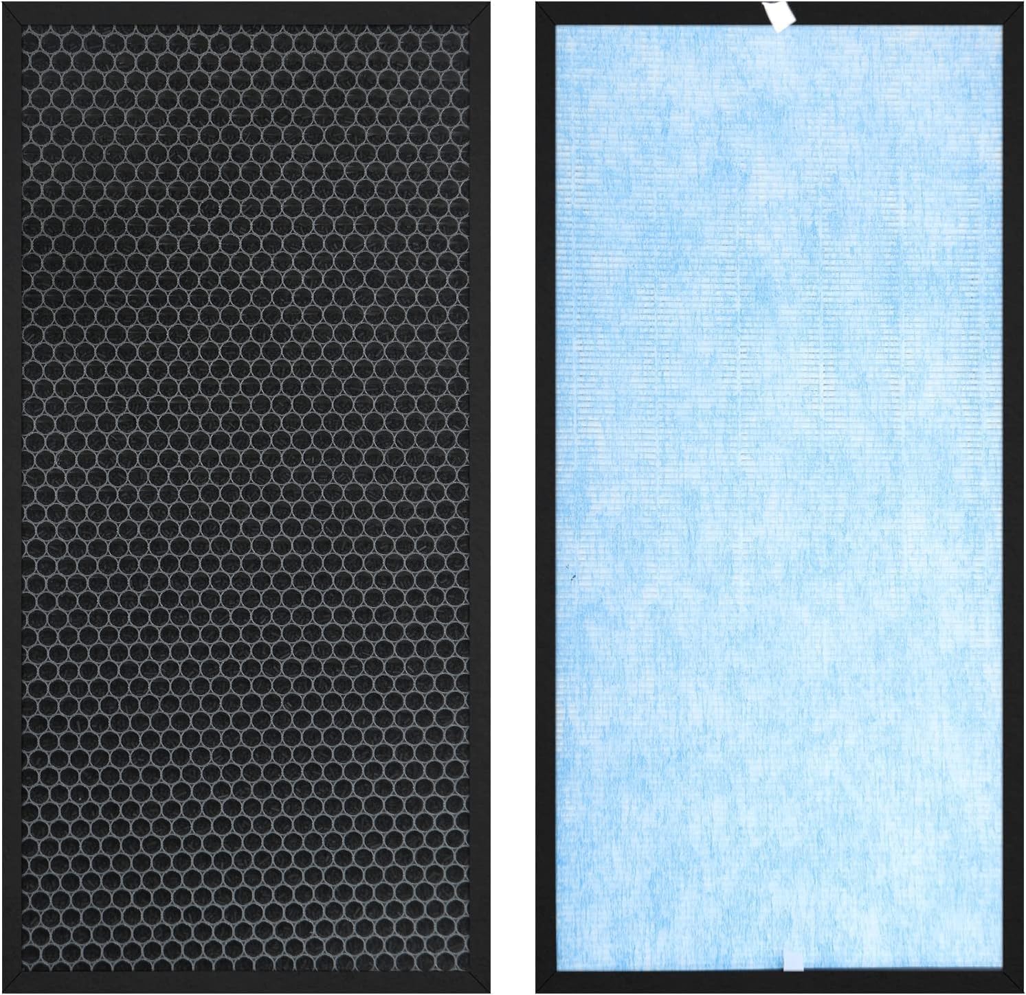 Close-up view of the two sides of a Mounto replacement filter: one side shows the black honeycomb pattern of the activated carbon filter, and the other side shows the light blue pleated material of the HEPA filter.