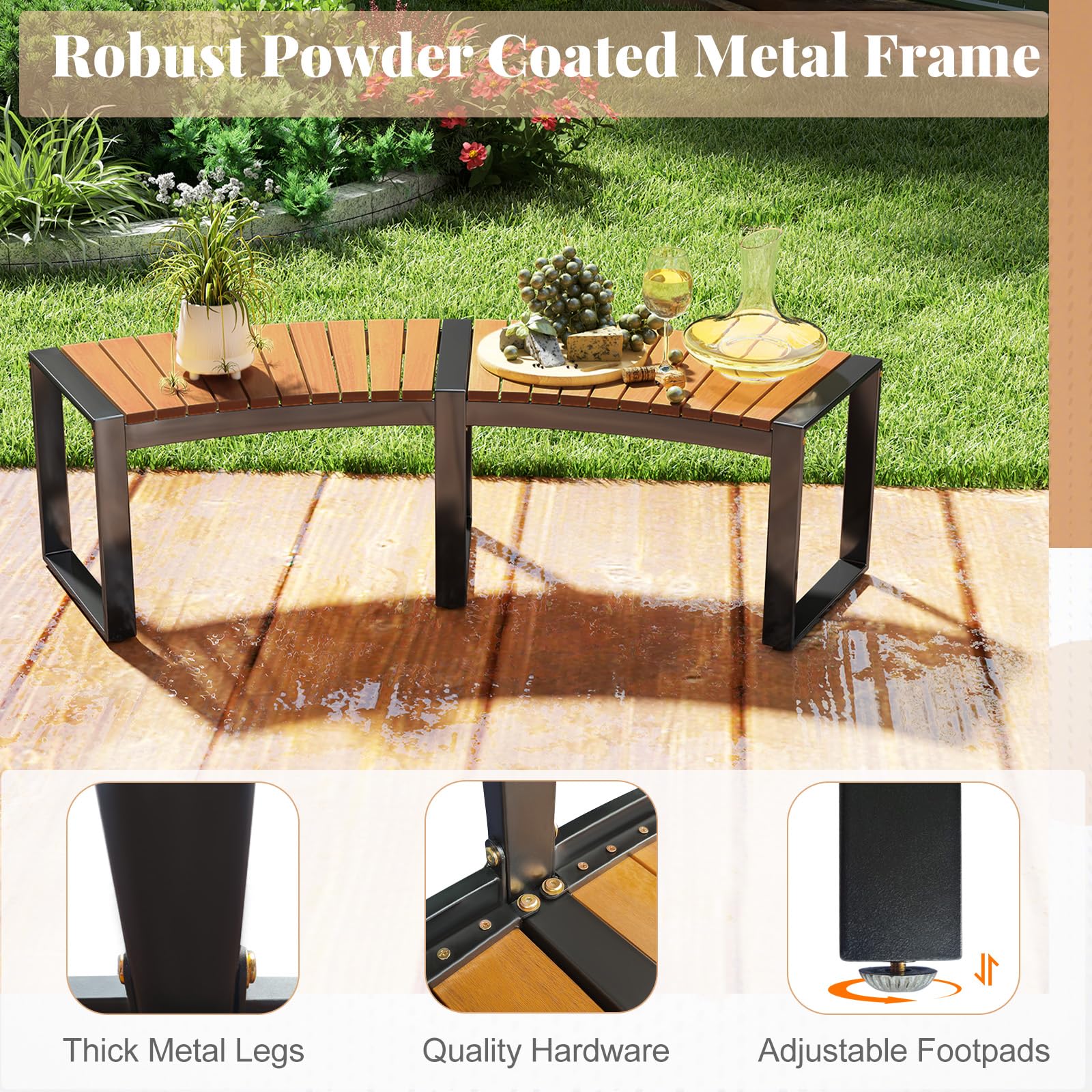 KOMFOTTEU Panchina da Esterno Curvata, Set di 2 Panchine da Giardino in Legno di Acacia con Struttura in Metallo, Comoda Panca da Patio 2-3 Posti, per Veranda, Cortile, Prato, Capacità di 360 kg (2)