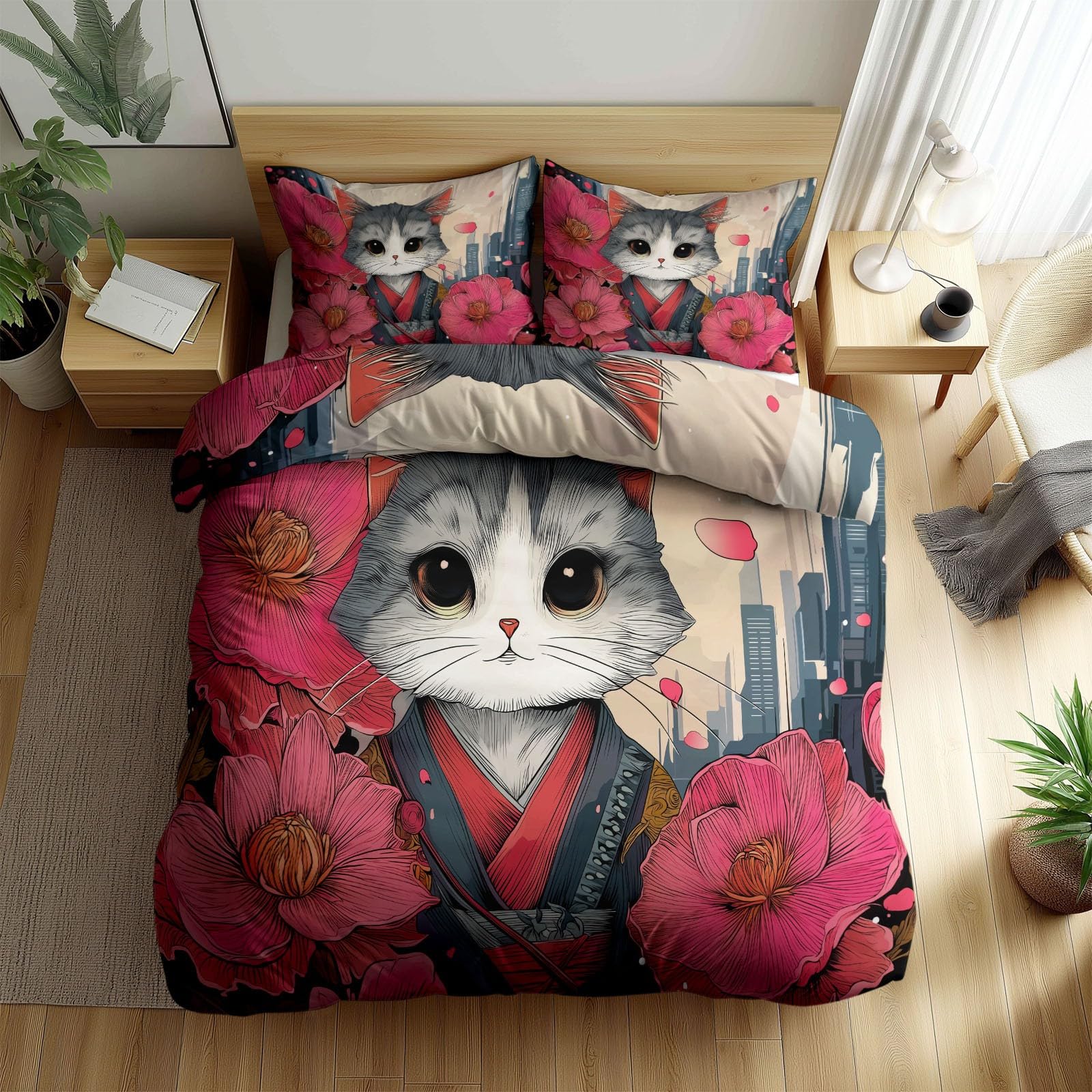 Housse de couette japonais chats fleurs 90x190 cm pour lit une place enfant et ado