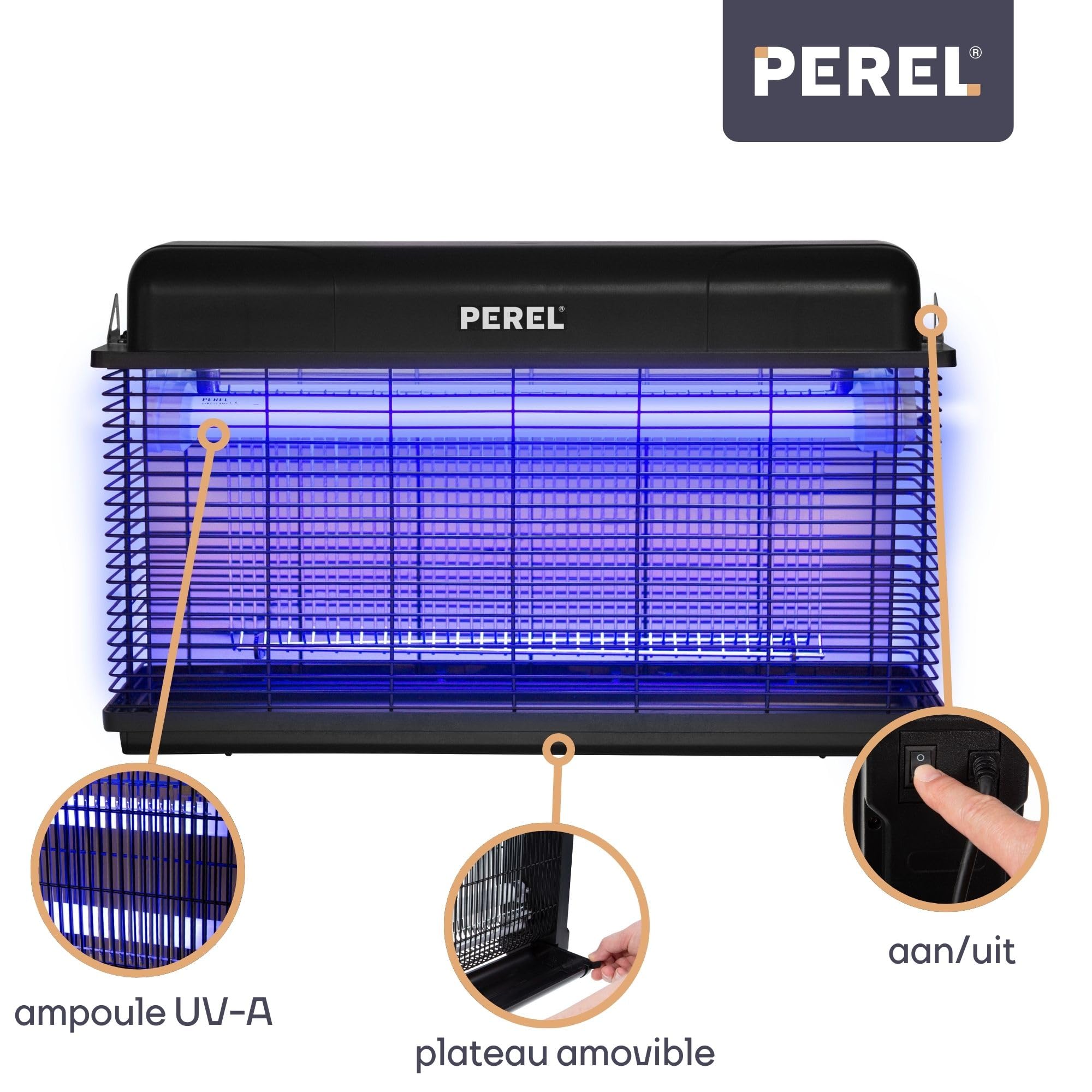 Tue-Insectes Électrique Perel 2800V – Lampe UV Anti-Moustiques, Mouches, Guêpes, Intérieur/Extérieur Couvert 80 M², Noir