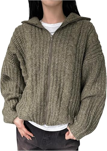 Verdusa Women's Zip Up Long Sleeve High Neck Knit Casual Loose Chunky Cardigan S
