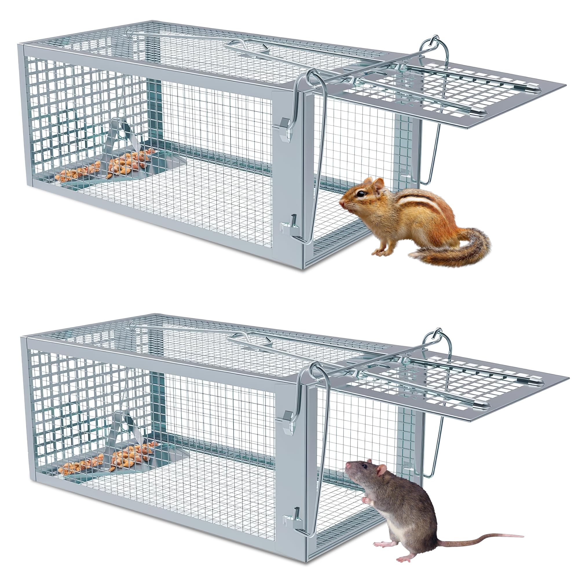 Humane Rat Traps 2-Pack, No Kill Small Animal Mouse Squirrel Cage Traps, Vole Mice Live Cage Catch and Release, Chipmunk Rodent Trap Mouse Traps That Work for Indoor and Outdoor