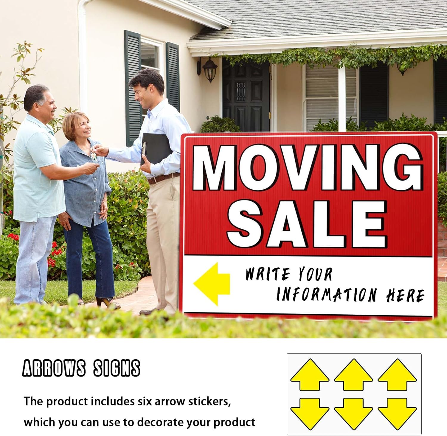 Moving Sale Signs (3 Pack), 17" x 13" Large Double-Sided Yard Signs with Metal Stakes, Estate & Property Sale Directional Arrows, Weather-Proof