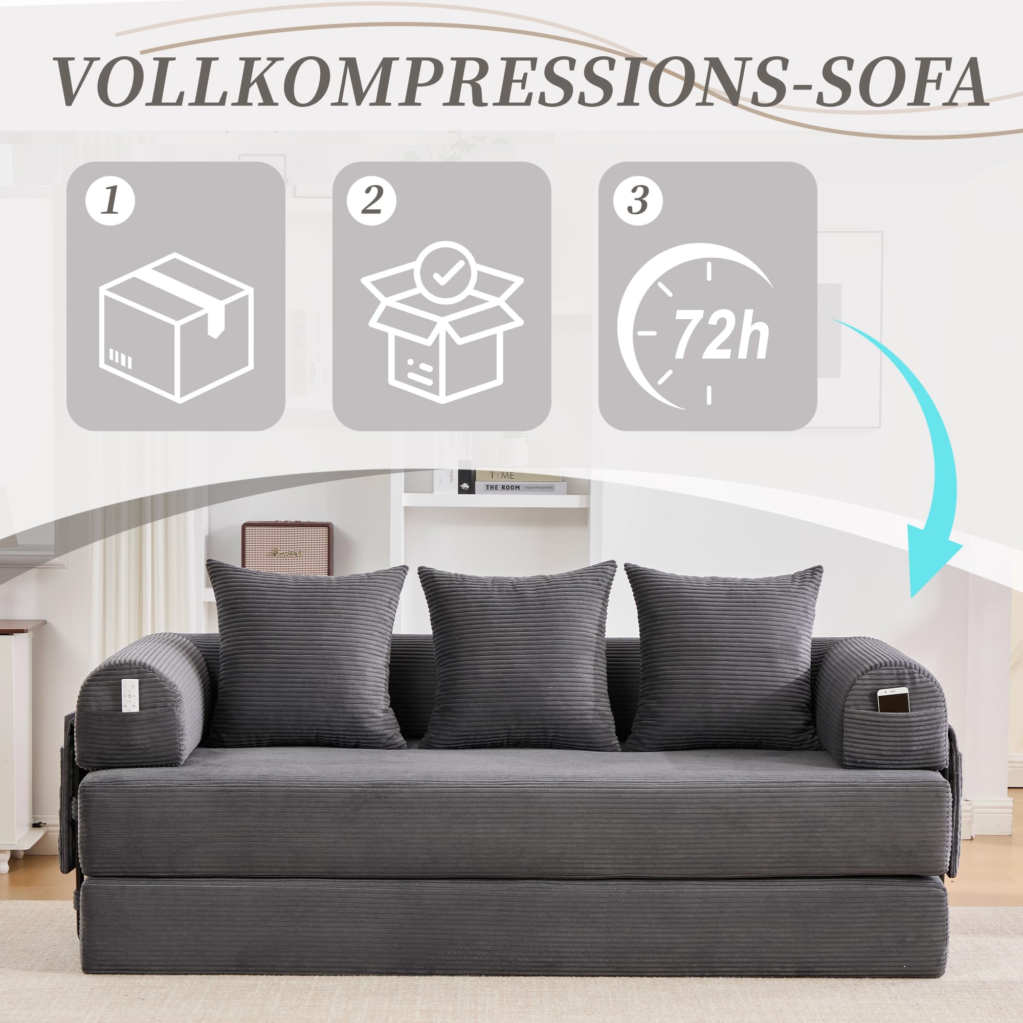 Sofá Modular sin Boneless, Sofá Cama Plegable con Marco de Metal Resistente, Bolsillos Laterales + 3 Almohadas, 200 × 94 × 67 cm, Gris Oscuro