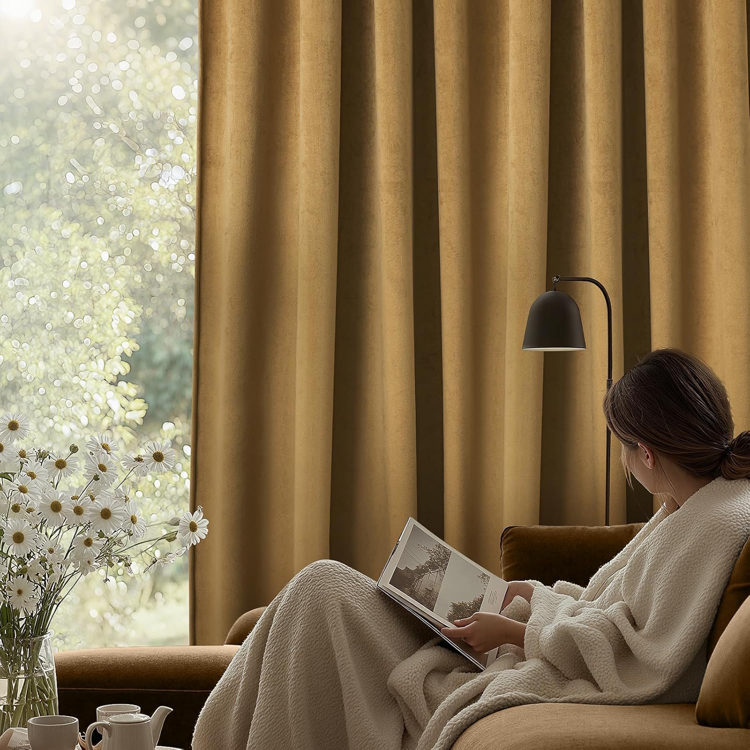 SimpleHome Golden Brown Velvet Curtains 96 Inches for Living Room,Rod Pocket Luxury Blackout Velvet Curtains Thermal Insulated 2 Panels Room Darkening Drapes,W52 x L96