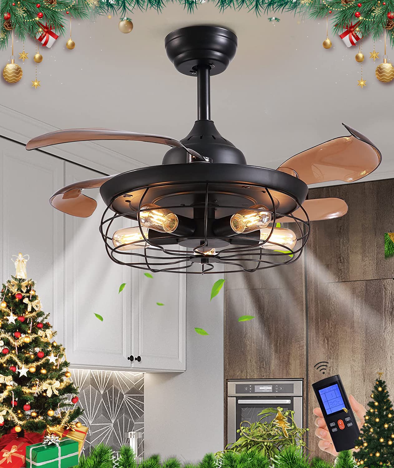 Photo 1 of APBEAMLighting Retractable Ceiling Fan with Lights Industrial Reversible Fandelier Fan Vintage Farmhouse Black Cage Chandelier Fan with Remote Control for Living Room Bedroom 36 inch