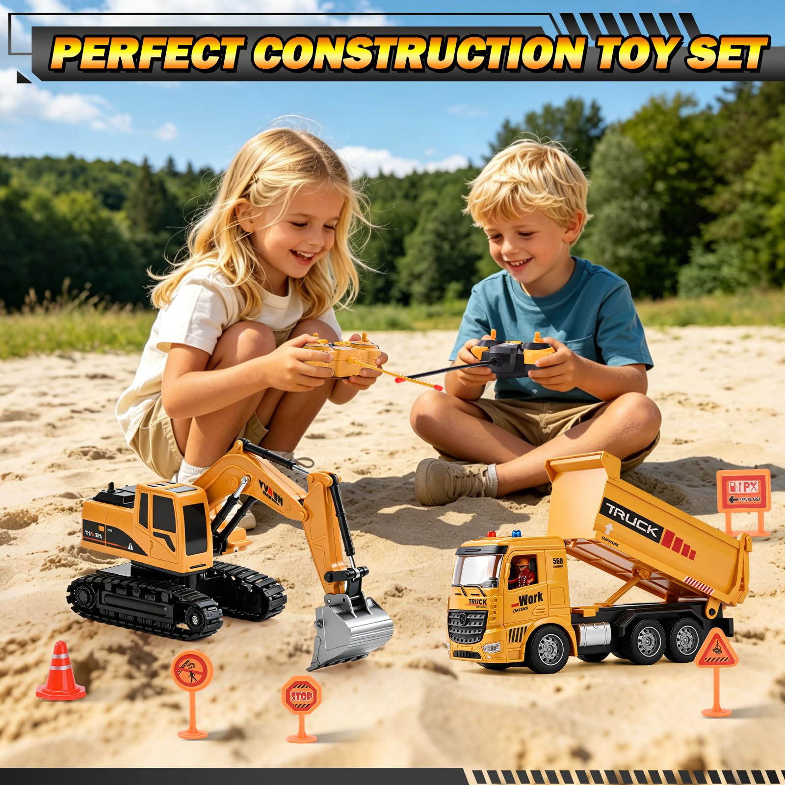 Excavadora Teledirigida y Camión Volquete Juguete, 2,4 GHz Coche Teledirigido Juguete, Vehículos de Construcción RC con Luces y Sonidos, Regalo de Cumpleaños Navidad para 3-12 Niño (A)