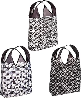 O-WITZ Reusable Shopping Bags, Ripstop, Folds Into Pouch, Classic Black and White, 3 Pack