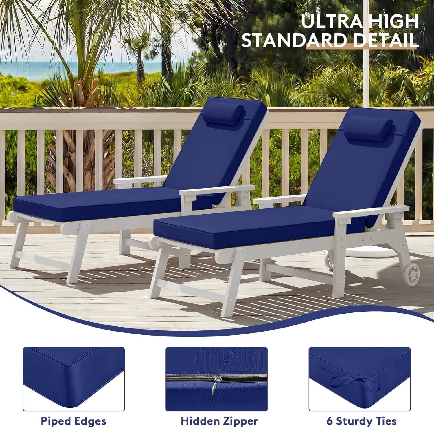 Chaise Lounge Cushion for Outdoor Furniture, Waterproof, Fade-Resistant and Tear Resistant, Patio Lounger Pads with Removable Cover for Pool, Deck, Lawn, 80x26x4 inch, Royal Blue