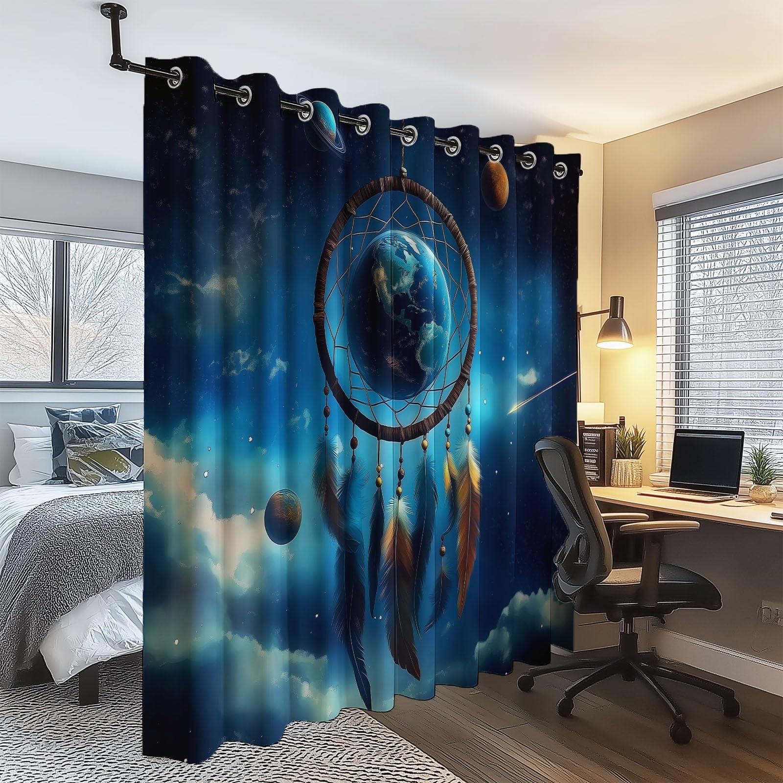 Fantasie Vorhänge mit Ösen, Verdunkelungsvorhang 2er Set - Traumfänger Erde Wolke Planet Muster Blickdicht Vorhang, Bunt Thermovorhang für Deko Wohnzimmer Schlafzimmer, H214 x B132 cm