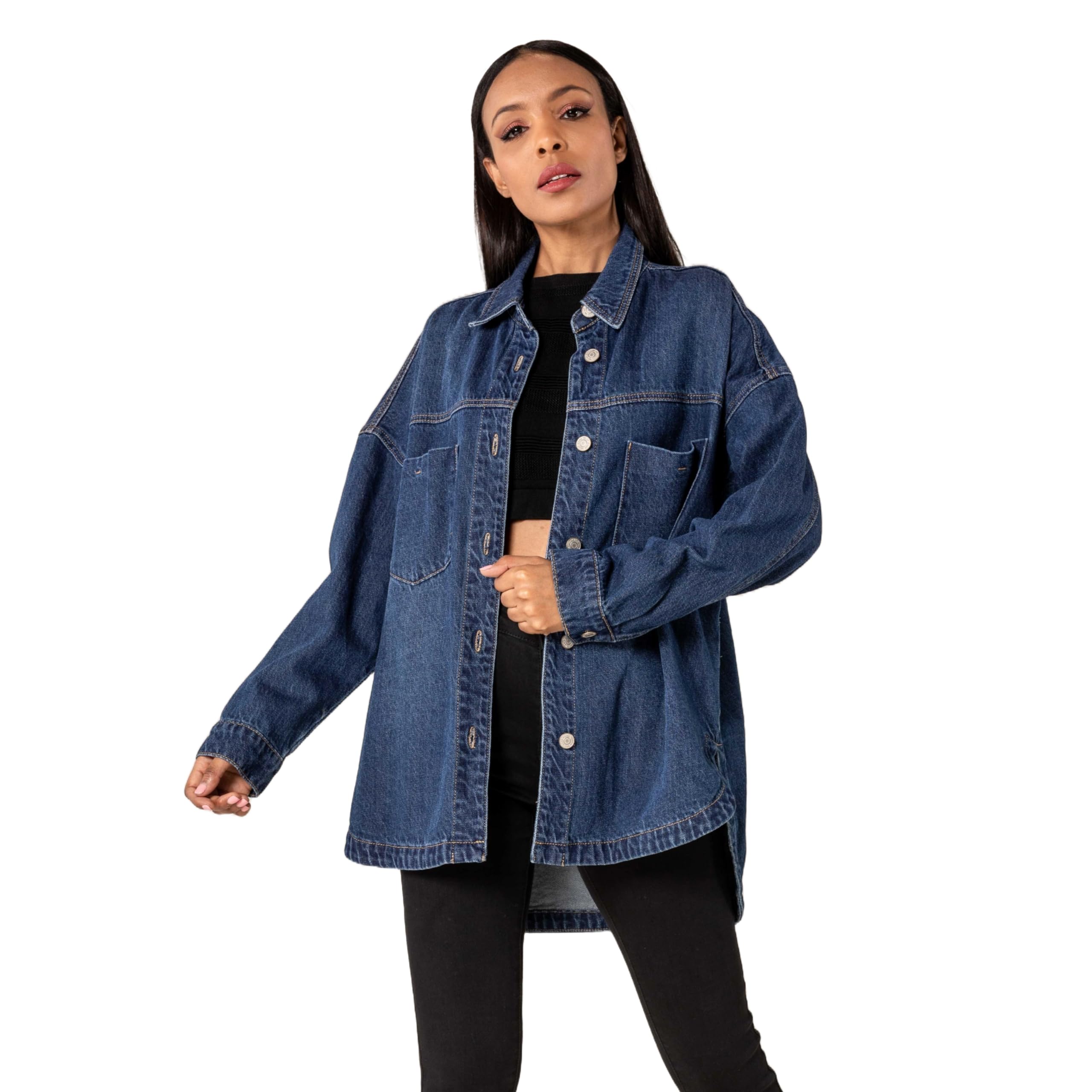 Nina Carter S539 Camisa vaquera de gran tamaño para mujer, chaqueta vaquera ligera, chaqueta de entretiempo, chaqueta de camisa con efecto de lavado, aspecto desgastado, informal