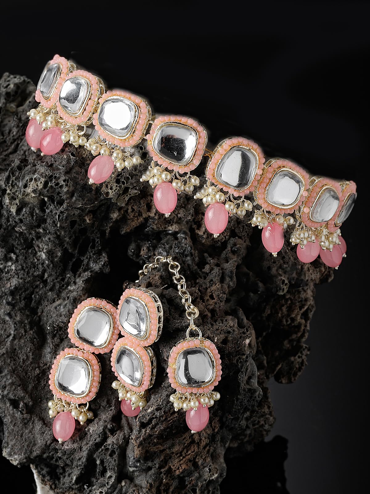 Kundan Studded Collar Bone Necklace Set With Earrings