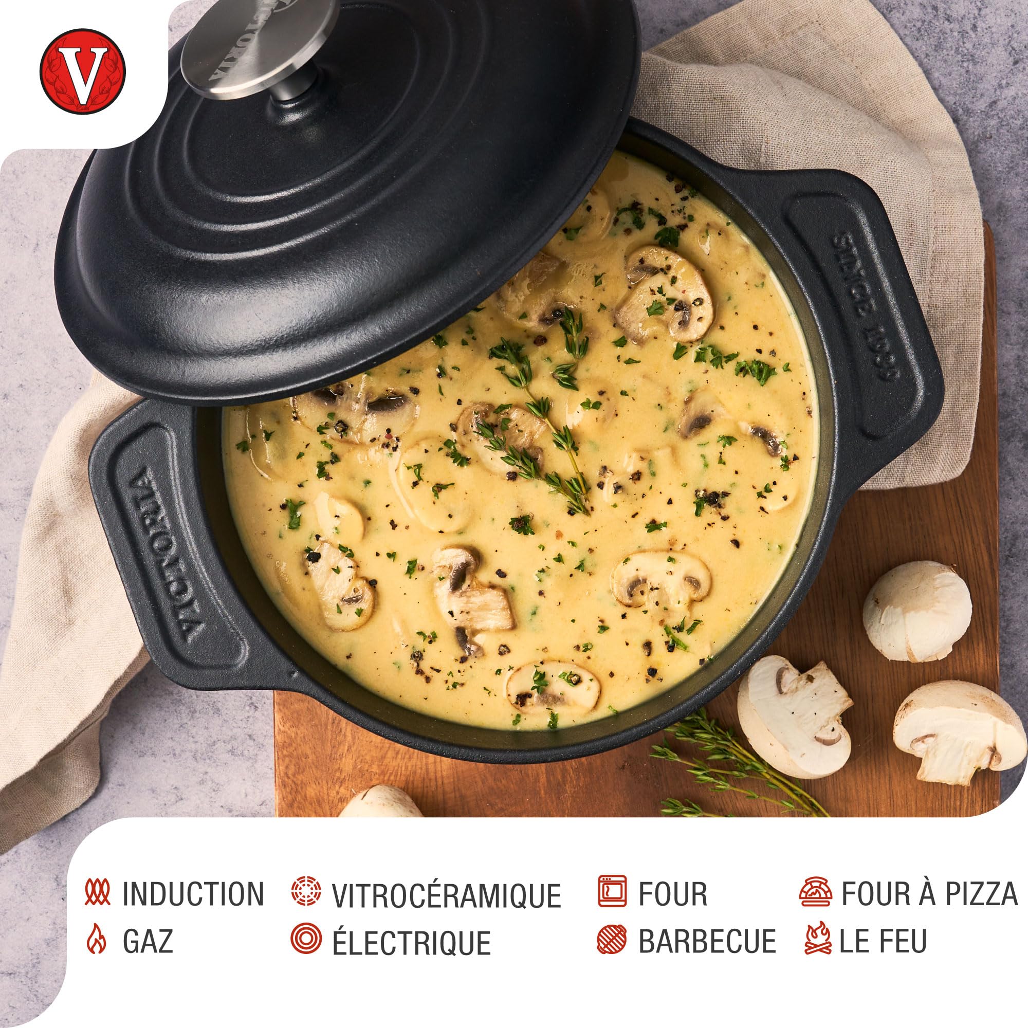 Victoria Cocotte Induction Fonte Émaillée 20cm, Dutch Oven 1,9L, Four Hollandais Sans PTFE et PFOA, Convient pour Feu, Barbecue, Four, Vitrocéramique, Gaz