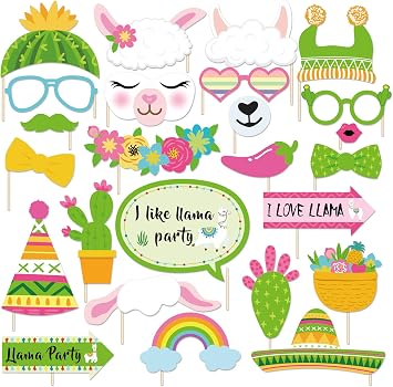 25Pcs Llama Cactus Photo Booth Props with Stick, Alpaca Selfie Props, Llamacorn Party Supplies, Birthday Theme Backdrop Decorations, First 1st Bday Baby Shower