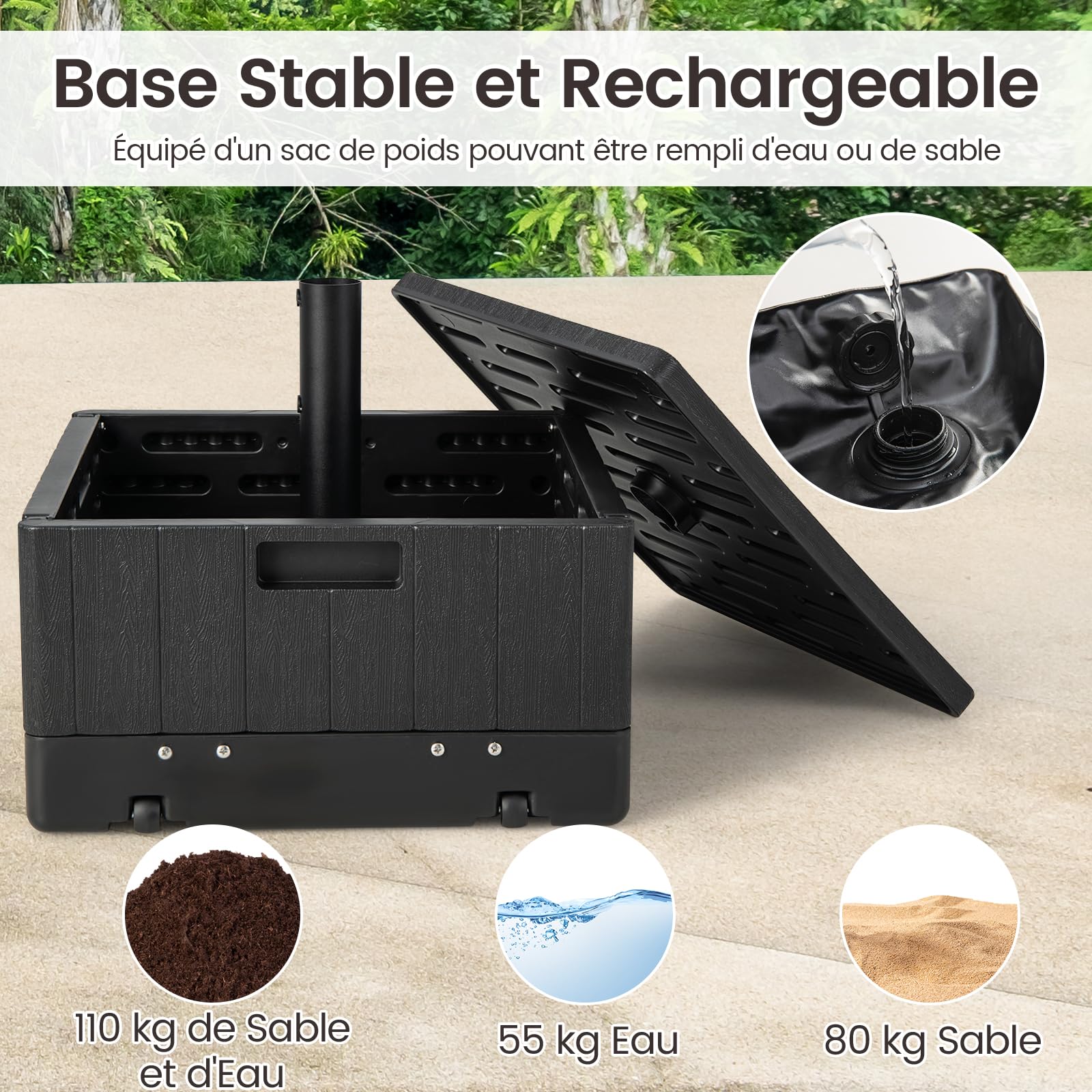 RELAX4LIFE Base de Parasol avec Table Basse Carrée 3-en-1 (Noir)