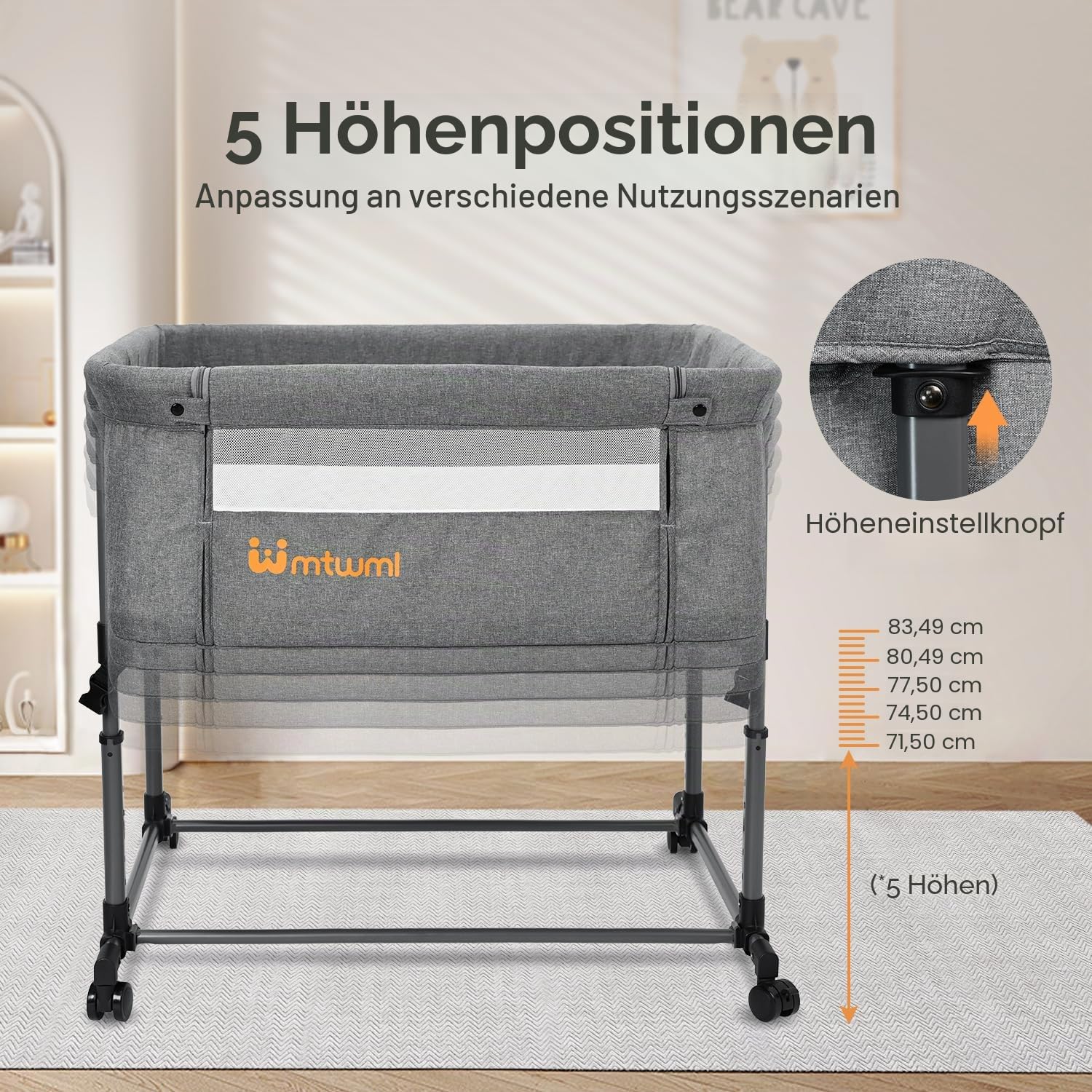 MTWML Zwillingswiege für 2 Babys – tragbare Doppelwiege mit Tragebeutel, austauschbaren Matratzenbezügen, Verstellbarer Höhe & Sicherheitsgurten. Zwillinge 0–6 Monate Grau (Deep Grey)