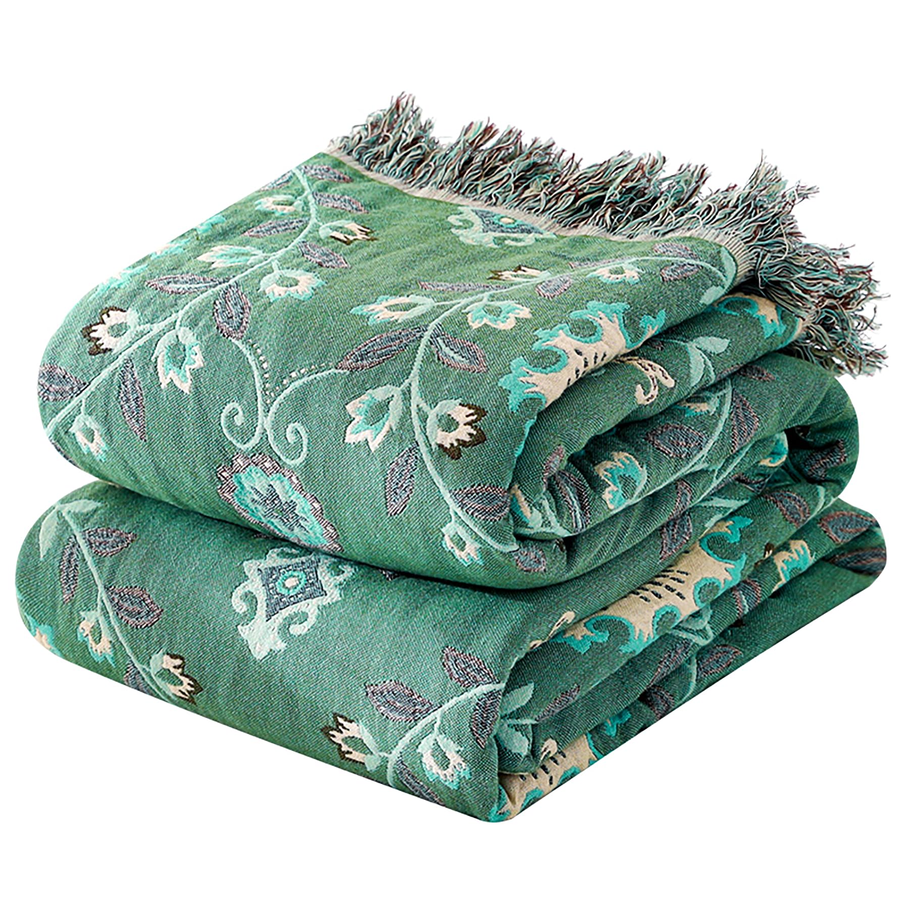 VANJOROY Double-sided Sofa Large Throw Blanket for 2 3 Seater with Floral Pattern,100% Pure Organic Cotton Soft Warm Bohemian Throw for,Settees, Armchair, Couch and Bed,230x250cm-Green