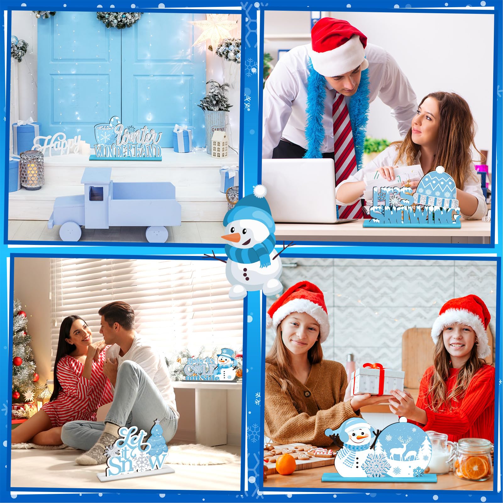 Wonderjune 6 piezas de decoración de mesa de invierno, copo de nieve, muñeco de nieve, centros de mesa de madera, decoraciones del país de las maravillas para fiestas de congelado, invierno, temática