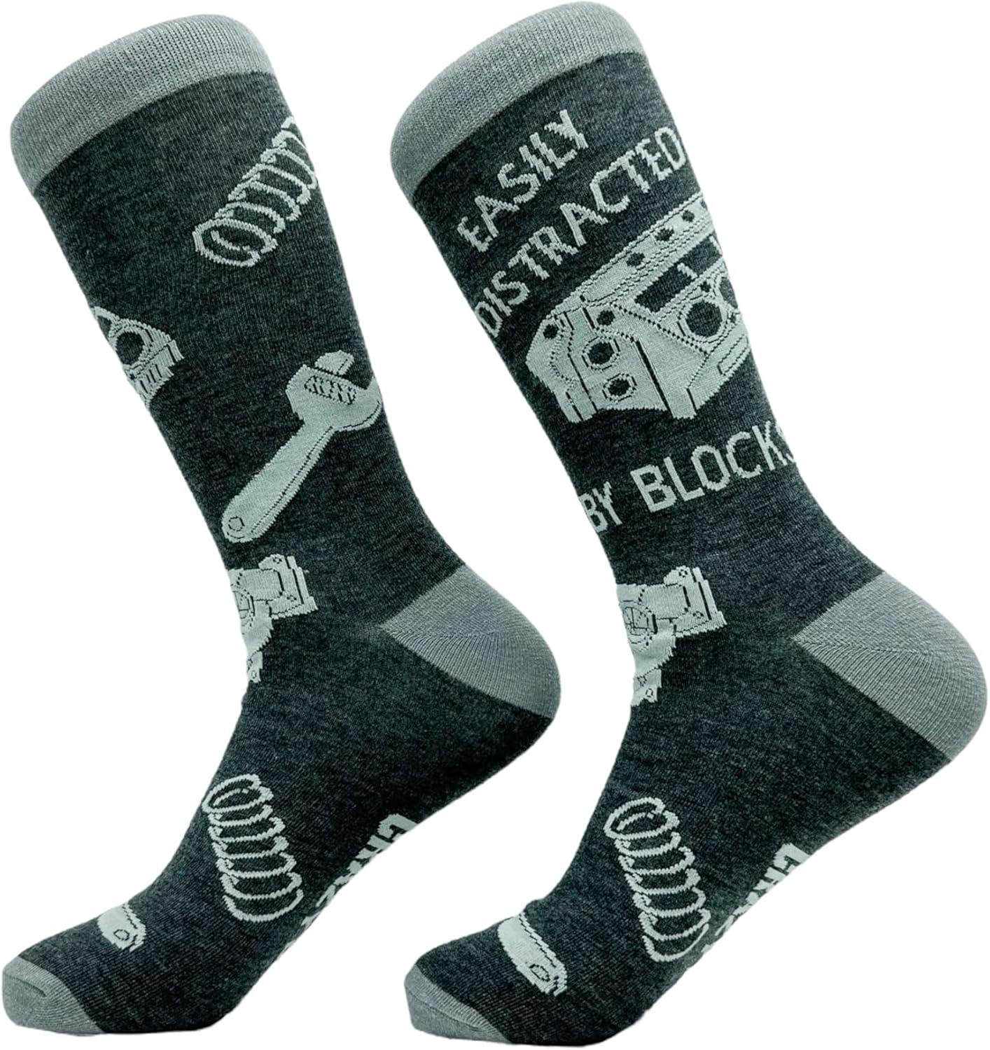 Funny Car Guy Crew Socks for Men – Easily Distracted by Blocks Print – Auto Mechanic & Engine Lover Gift – Cozy Cotton Garage Workwear – Novelty Automotive Socks for Racing & Repair Enthusiasts - Image 2