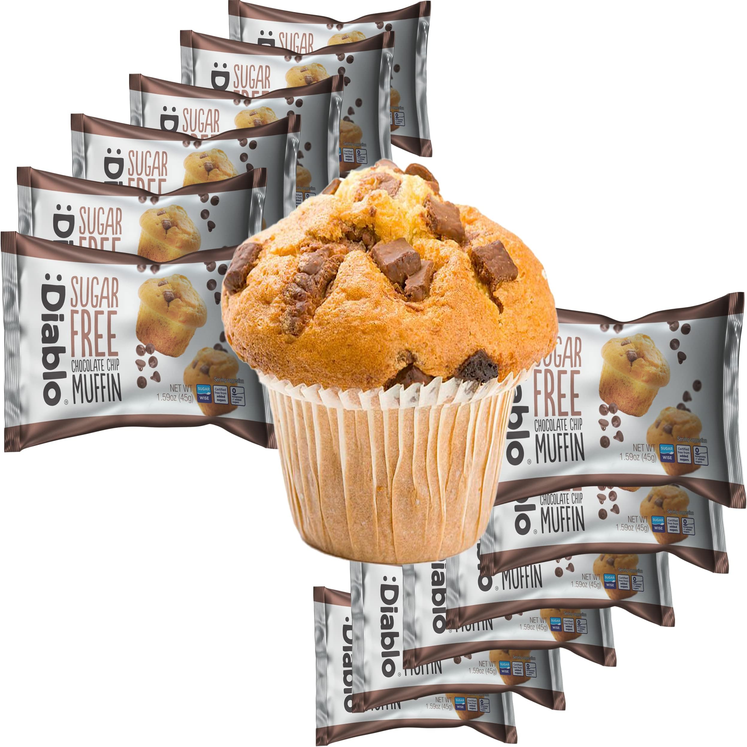 Diablo Sugar Free Chocolate Chip Muffin Cupcake - Sweetened with Maltitol, Halal & Kosher Approved, Sugar Free Snacks - Perfect for Gifting, Birthdays, Special Occasions - 45g Each, Pack of 12