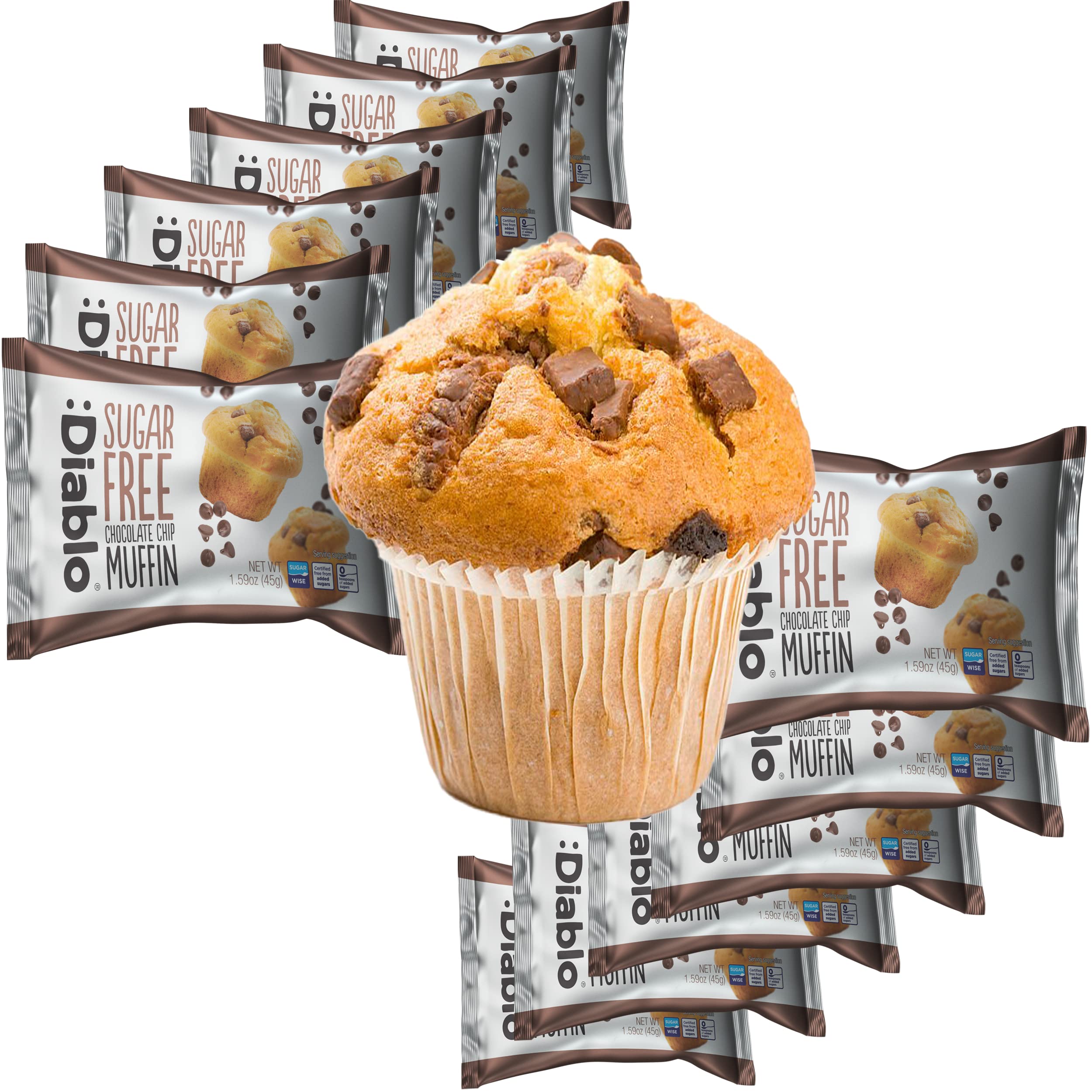 Diablo Sugar Free Chocolate Chip Muffin Cupcake - Sweetened with Maltitol, Halal & Kosher Approved, Sugar Free Snacks - Perfect for Gifting, Birthdays, Special Occasions - 45g Each, Pack of 12