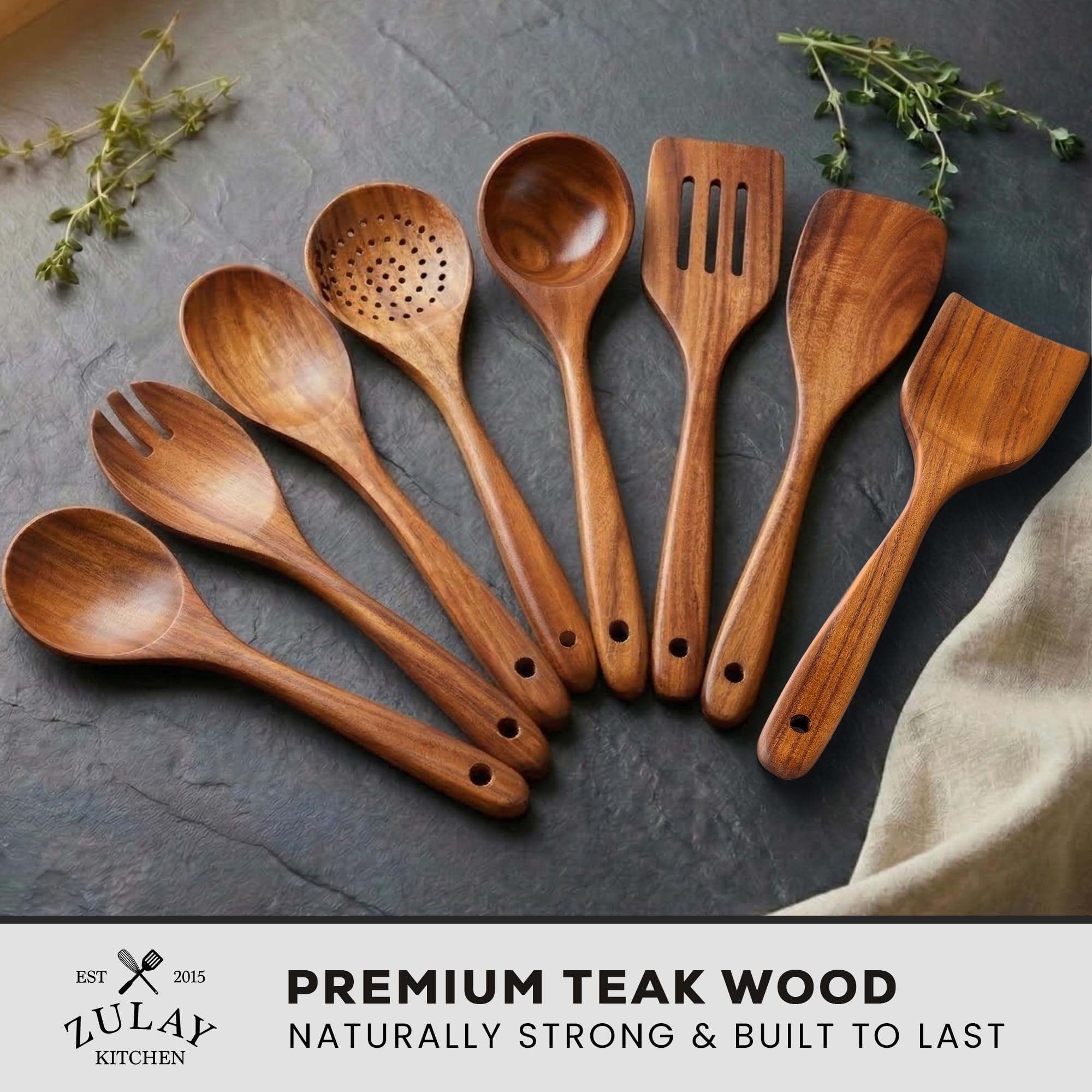 Zulay Kitchen Cucchiai in legno di teak di alta qualità per cucinare, finitura liscia, 8 pezzi, utensili da cucina in legno di teak naturale, antiaderenti, utensili da cucina in legno fatti a mano