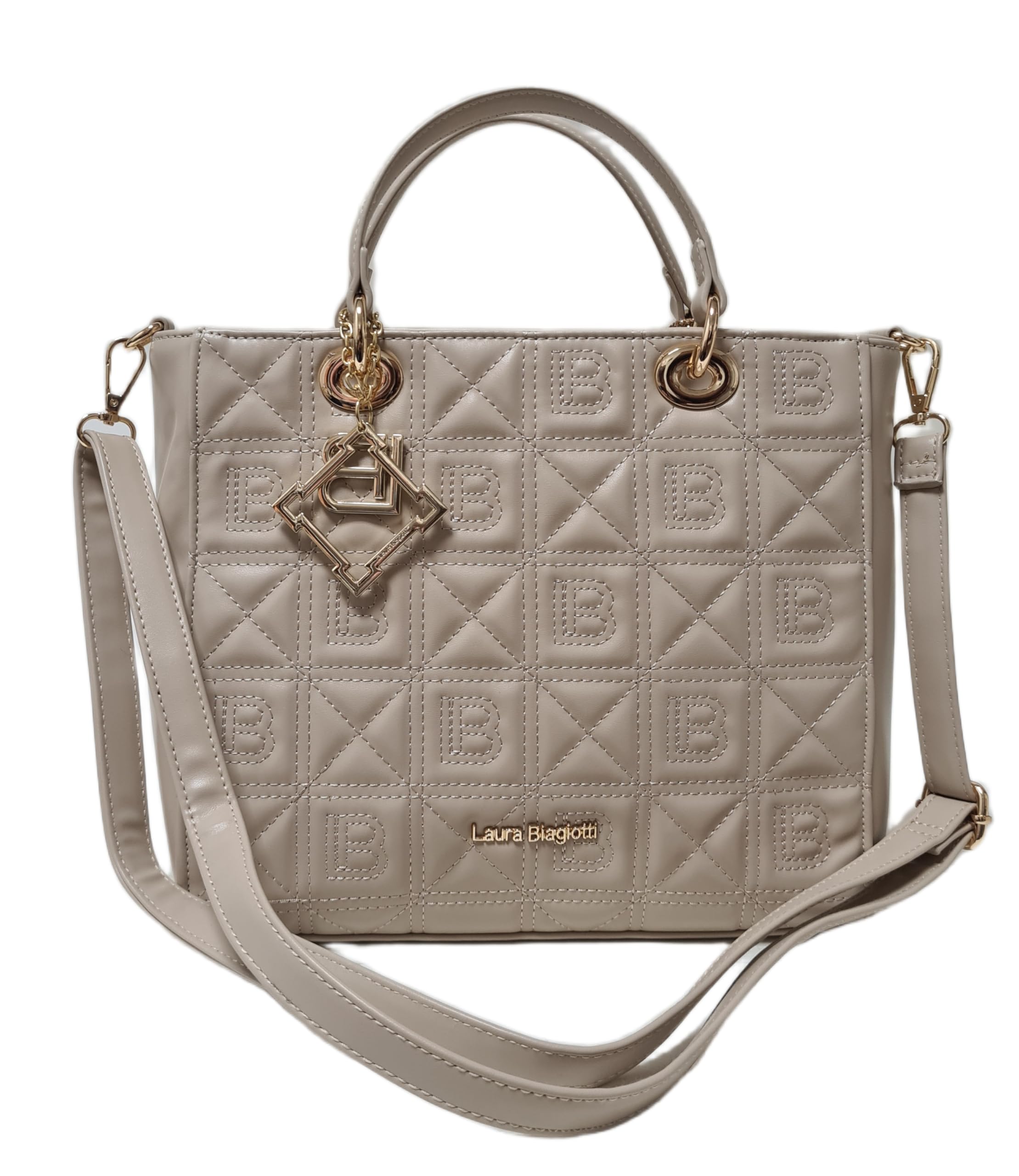 Laura Biagiotti Bolso de mano y bandolera línea Odaly, piel sintética acolchada en la parte delantera, con logotipo LB, dimensiones 28 x 25 x 14 cm Art: LB26S-116-1 (natural) | Ligera