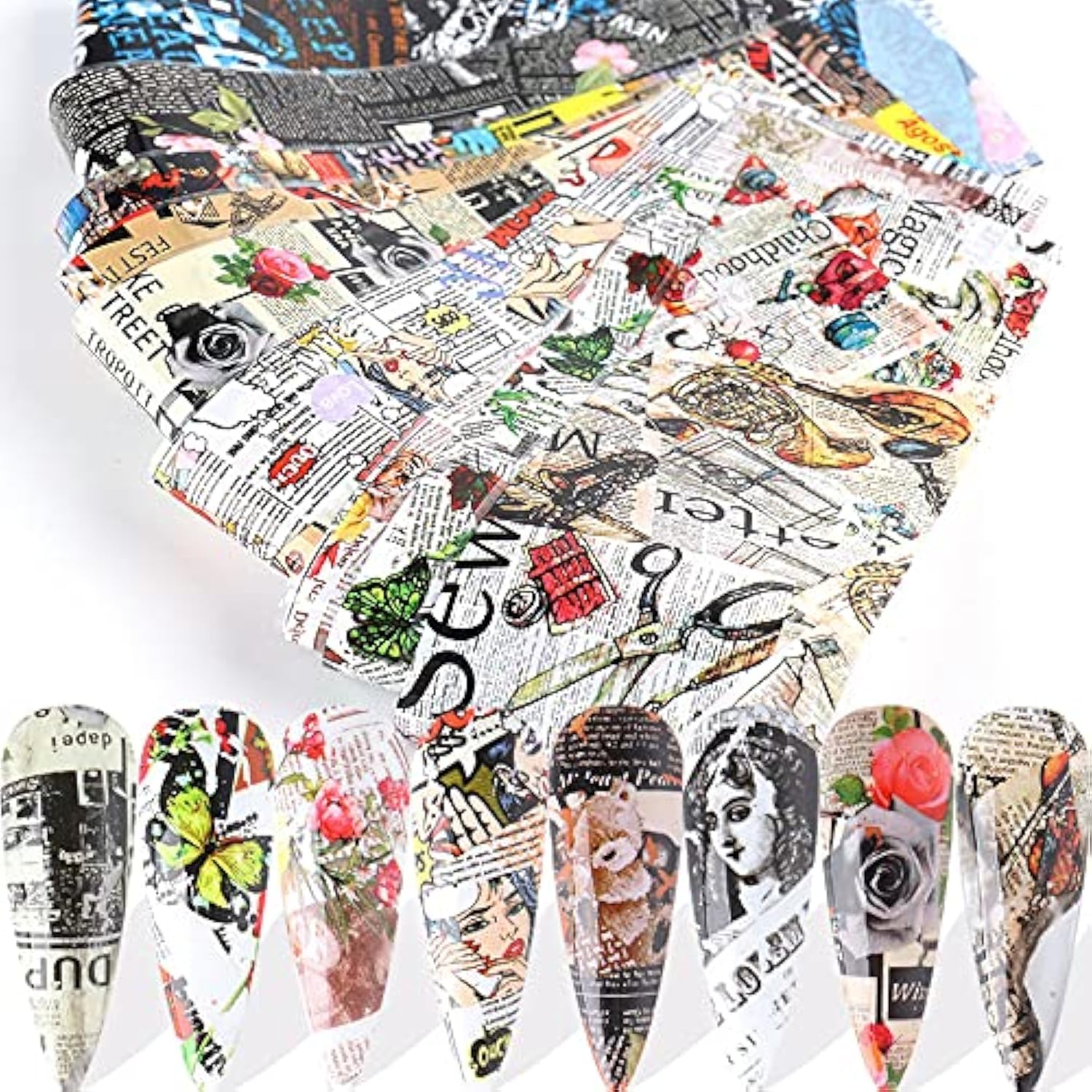 CHANGAR 10 Sheets Nail Foil Sticker Newspaper Magazine Style Foil Transfer Nail Decals Nail Foil Adhesive Stickers Starry Sky Manicure Transfer Tips Nail Art DIY Decoration-image-24