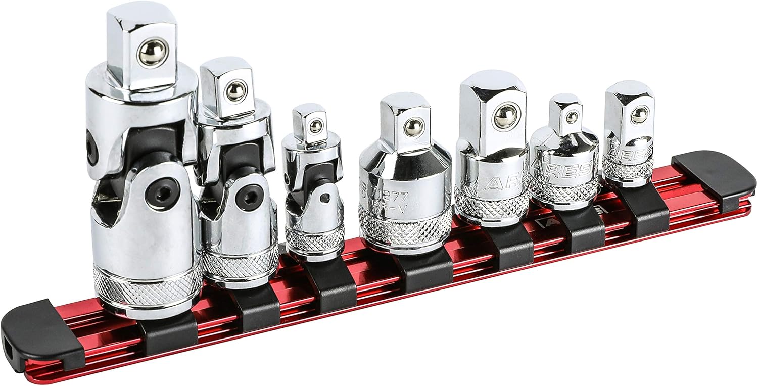 ARES 70197 - 3-Piece Universal Joint Socket Set - Includes 1/4-Inch, 3/8-Inch, and 1/2-Inch Drive U-Joints - Storage Rail Included - - 
