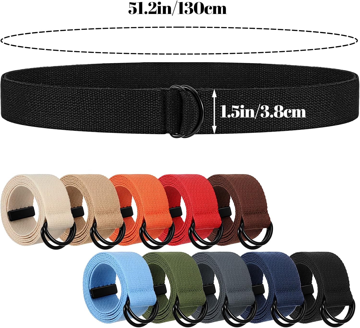 10Pcs Men Canvas Belt, Web Fabric Casual Belt with Black Double D-ring, 1.5'' Wide Double D Ring Belts - Image 2