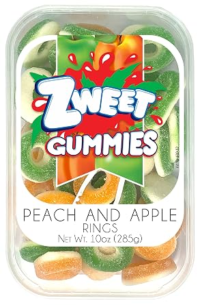 Zweet Gummy Candy Peach Rings Apple Rings 10 Ounce Gummy Kosher Candy, Halal Candy Resealable Pack of Gummy Candy
