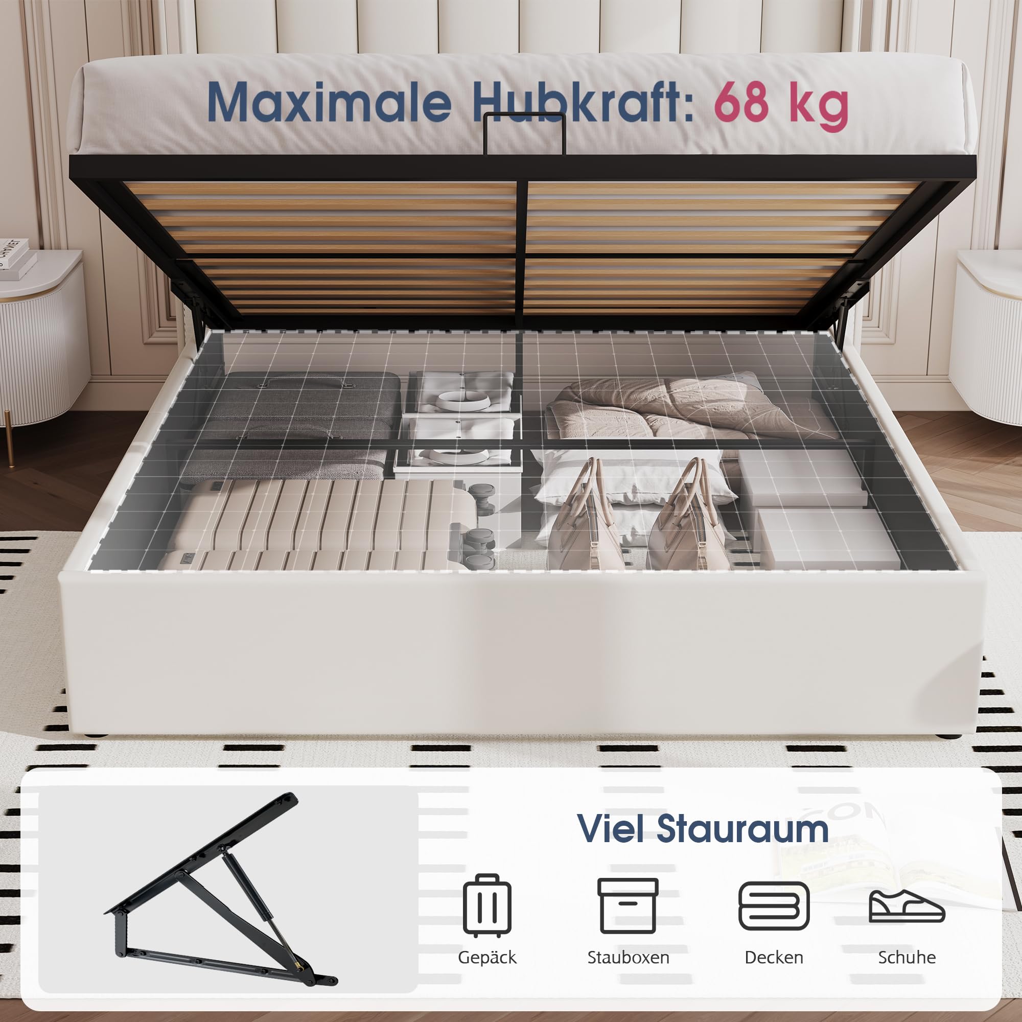 LUXOAK Polsterbett 160x200 mit Bettkasten & Liftfunktion, Beige | 115cm Wingback-Kopfteil mit Chromdetails, weicher Samtbezug, großer Stauraum, stabiler Holzrahmen, leiser Lattenrost