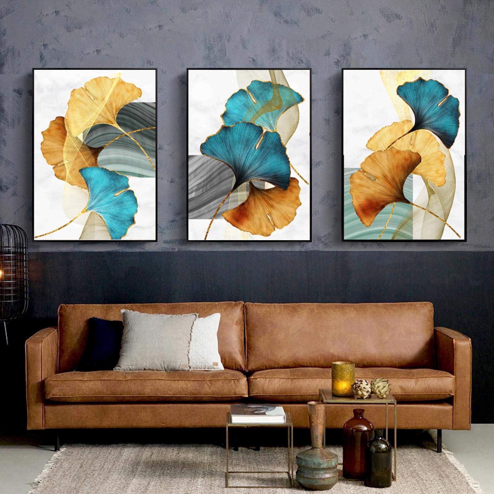 Affiche Murale 3D Feuilles D'Or Et Fleurs - Tableau Toile Abstraite Dorée Pour Décoration Moderne 40x60cm