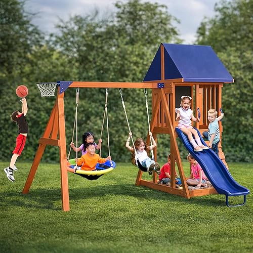 Sportspower Applewood Cedar Wooden Swing Set, Double A-Frame with 32″ 2-Person Saucer Swing & Sling Swing, 6ft Wavy Slide, Covered Play Fort with Rock Wall, Chalkboard, Sandbox Area & Basketball Hoop