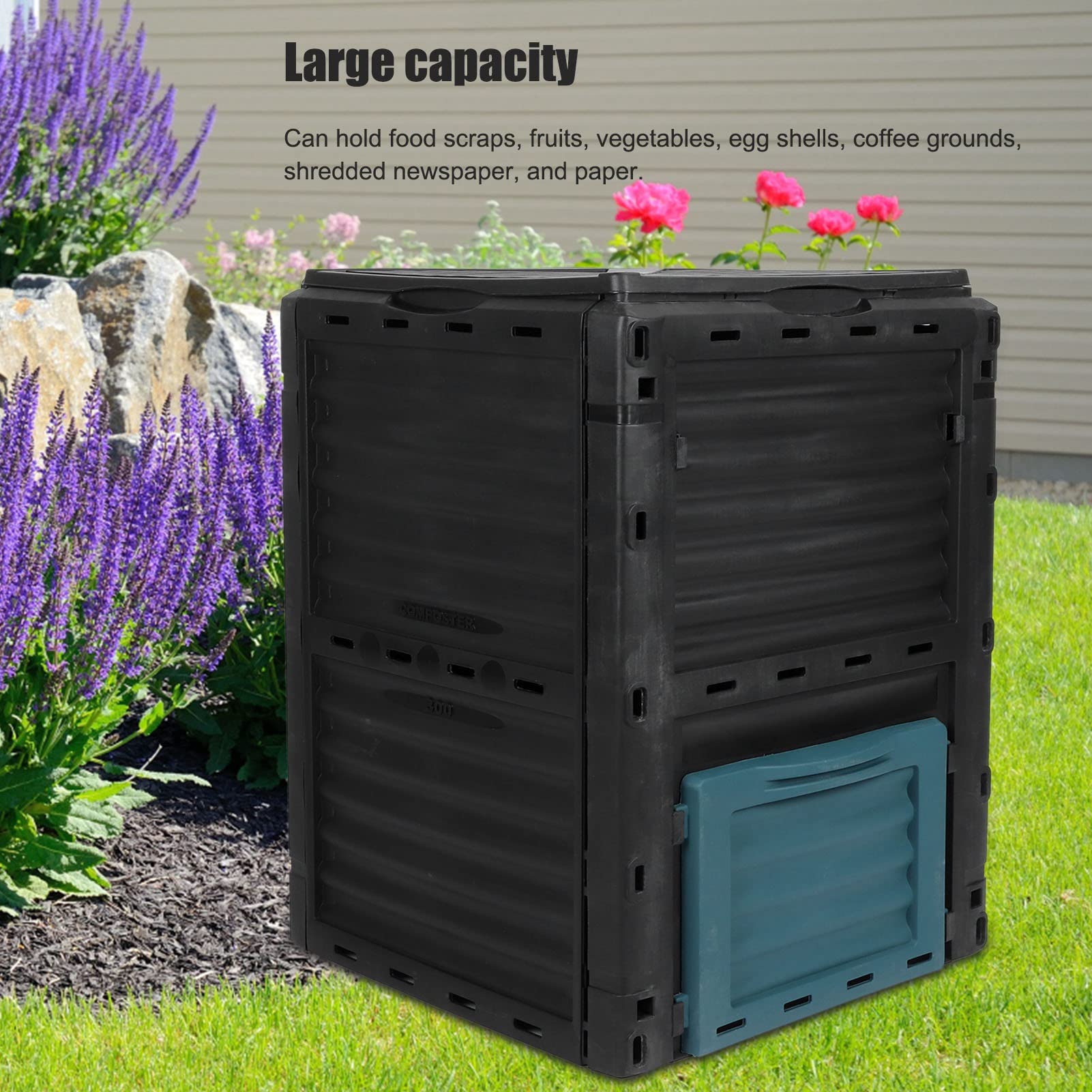 Cubo de Compostaje Compostador, 300L Gran Capacidad Tapa Superior con Bisagras Cubo de Compostaje de Jardín Ligero con Contenedor de Ventilación Cuboide Material Plástico Premium para Cocina Jardín Al