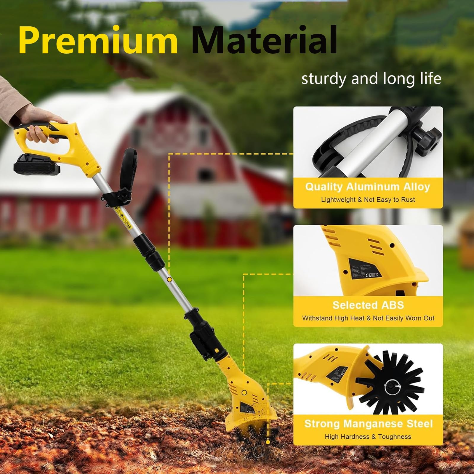 Cultivador De Mano, Cultivador Rotativo De JardíN con BateríA, Rotocultivador, Mini Herramienta De Labranza De Desmalezado InaláMbrica para JardineríA, Tierra Arenosa, Suelo Suelto,Yellow