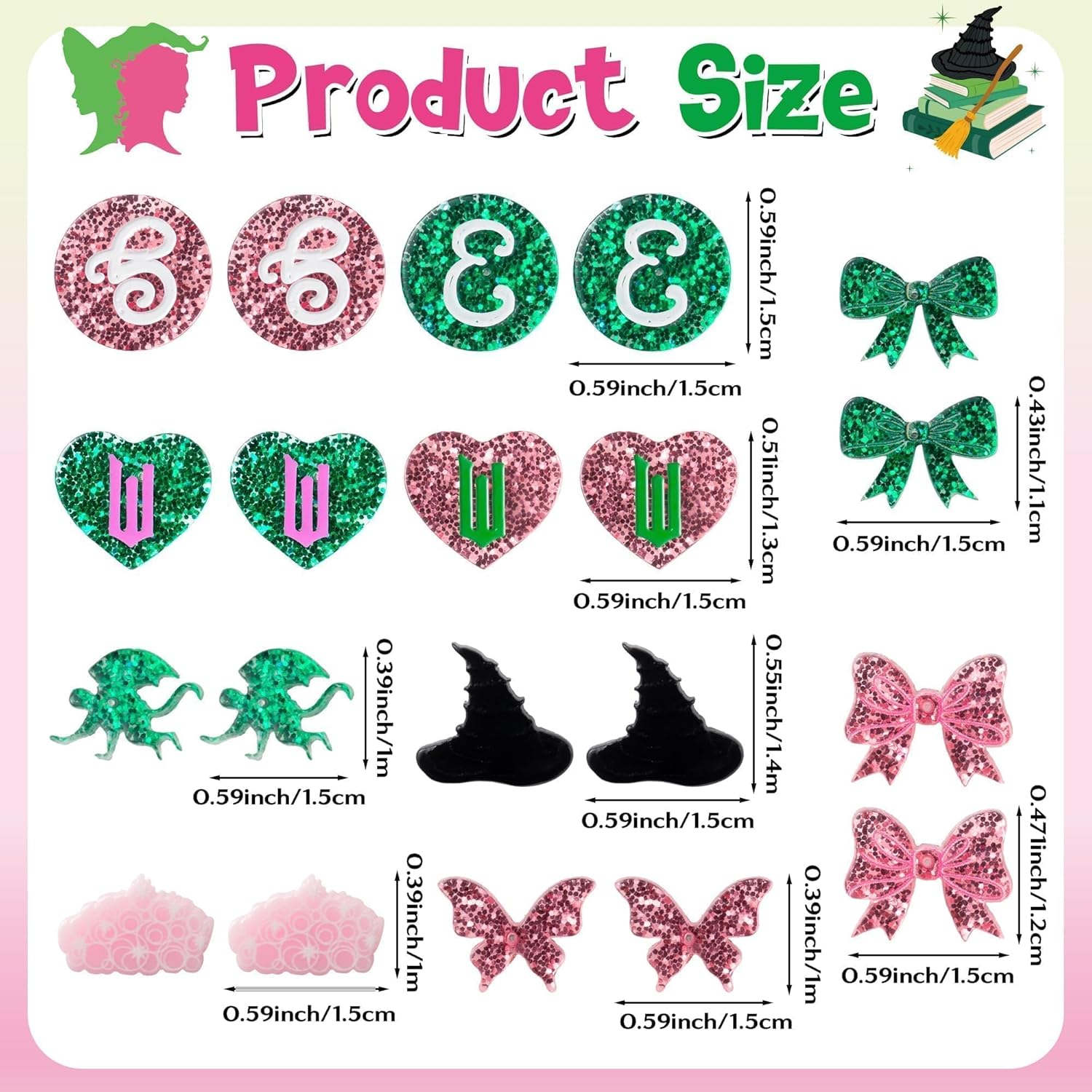 Spring Witch Earrings for Women Girls - 10 Pairs Elphaba Sparkly Glitter Musical Stud Jewelry, Pink Crown Black Hat Acrylic Earrings for Witch Cosplay Party, Cute TV Movie Birthday Gifts - Image 2