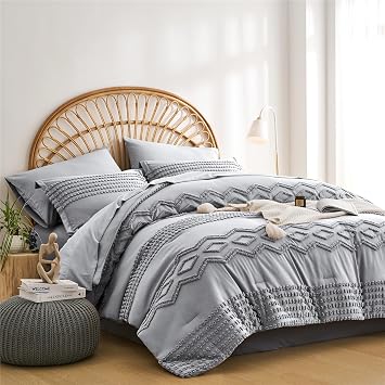 KAKIJUMN Grey Tufted Comforter Set King Size 7 Piece Bed in a Bag, Shabby Chic Boho Comforter and Sheet Set, Pom Pom Textured Bed Set, All Season Soft Microfiber Complete Bedding SetGrey,King