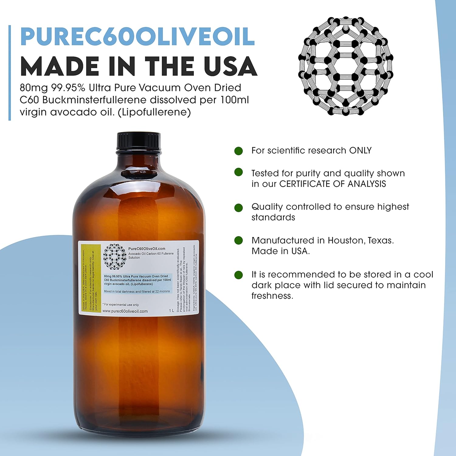 PureC60OliveOil C60 Organic Avocado Oil 1L / 33.8 Fl Oz - 99.95% Carbon 60 Solvent Free 800mg - Amber Glass Bottle - Food Grade - Carbon 60 Avocado Oil - from The Leading Global Producer - Image 3