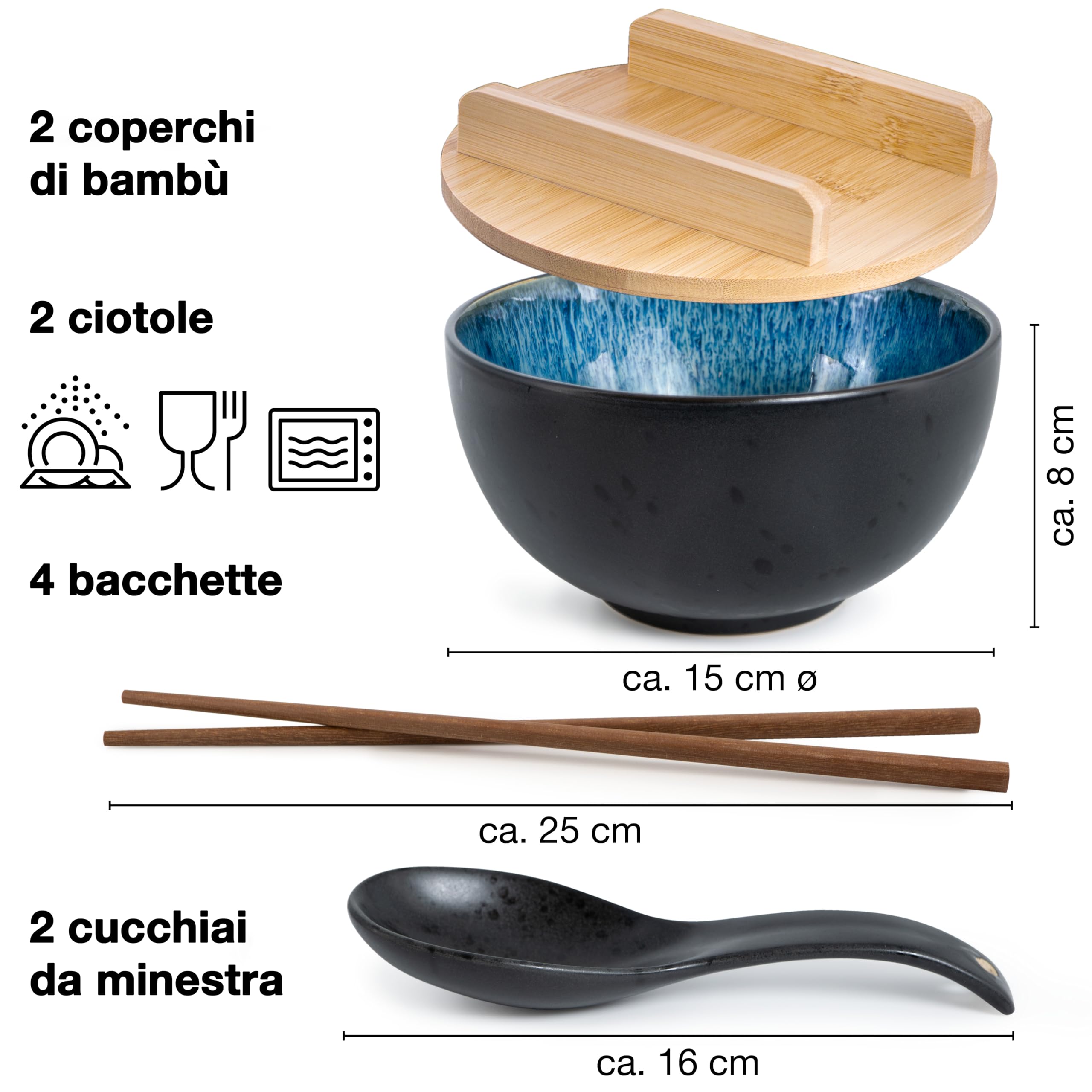 Moritz & Moritz SOLID Ramen - 2 ciotole in ceramica – 600 ml – 15 cm Ø – nero blu – Set per 2 persone – per zuppa, Pho e Sushi Bowl – Incl. bastoncini, coperchio e cucchiaio