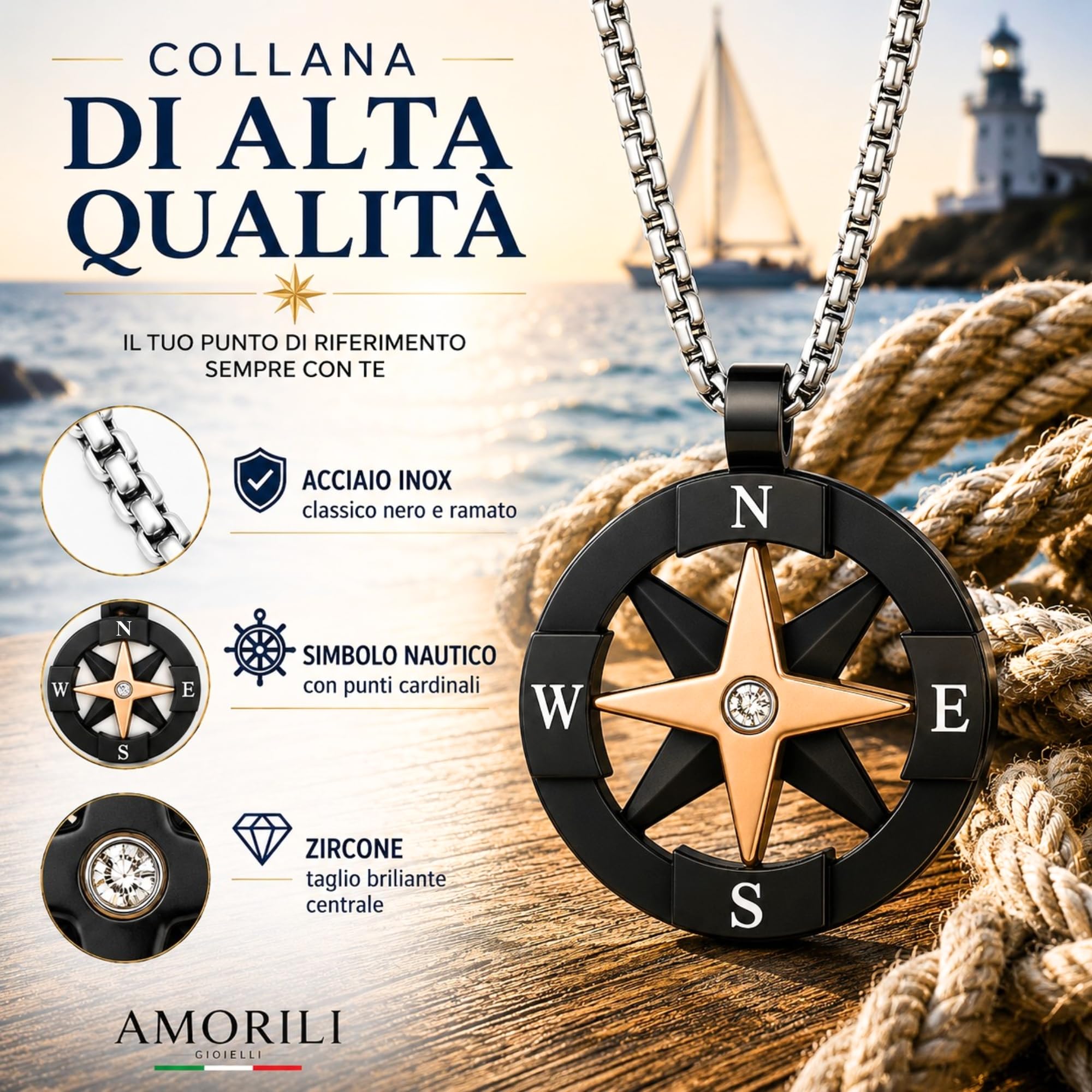 Collana Uomo Rosa dei Venti con Bussola in Acciaio Inox – Ciondolo Nautico con Zircone Bianco – Catena Resistente Vari Colori – Gioiello Uomo Elegante Stile Marino Regalo per Lui