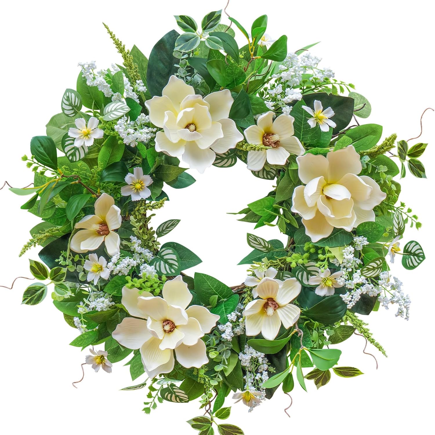 24 Inch Spring and Summer Magnolia Wreath for Front Door, Artificial White Magnolia with Berries and Greenery, Spring and Summer Door Wreath for Indoor Outdoor Decor