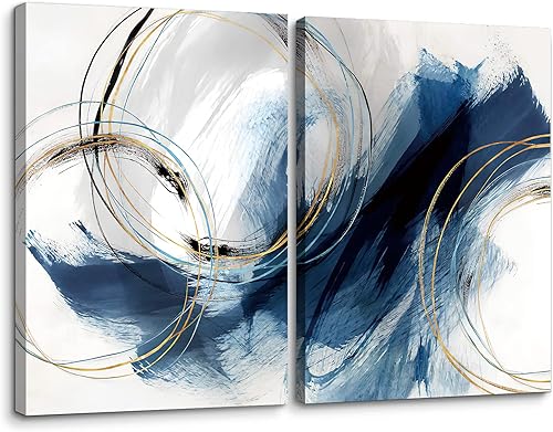 Lienzo decorativo para pared, juego de 2 piezas de arte minimalista moderno, pinturas de fantasía azul y dorado, graffiti colorido sobre fondo