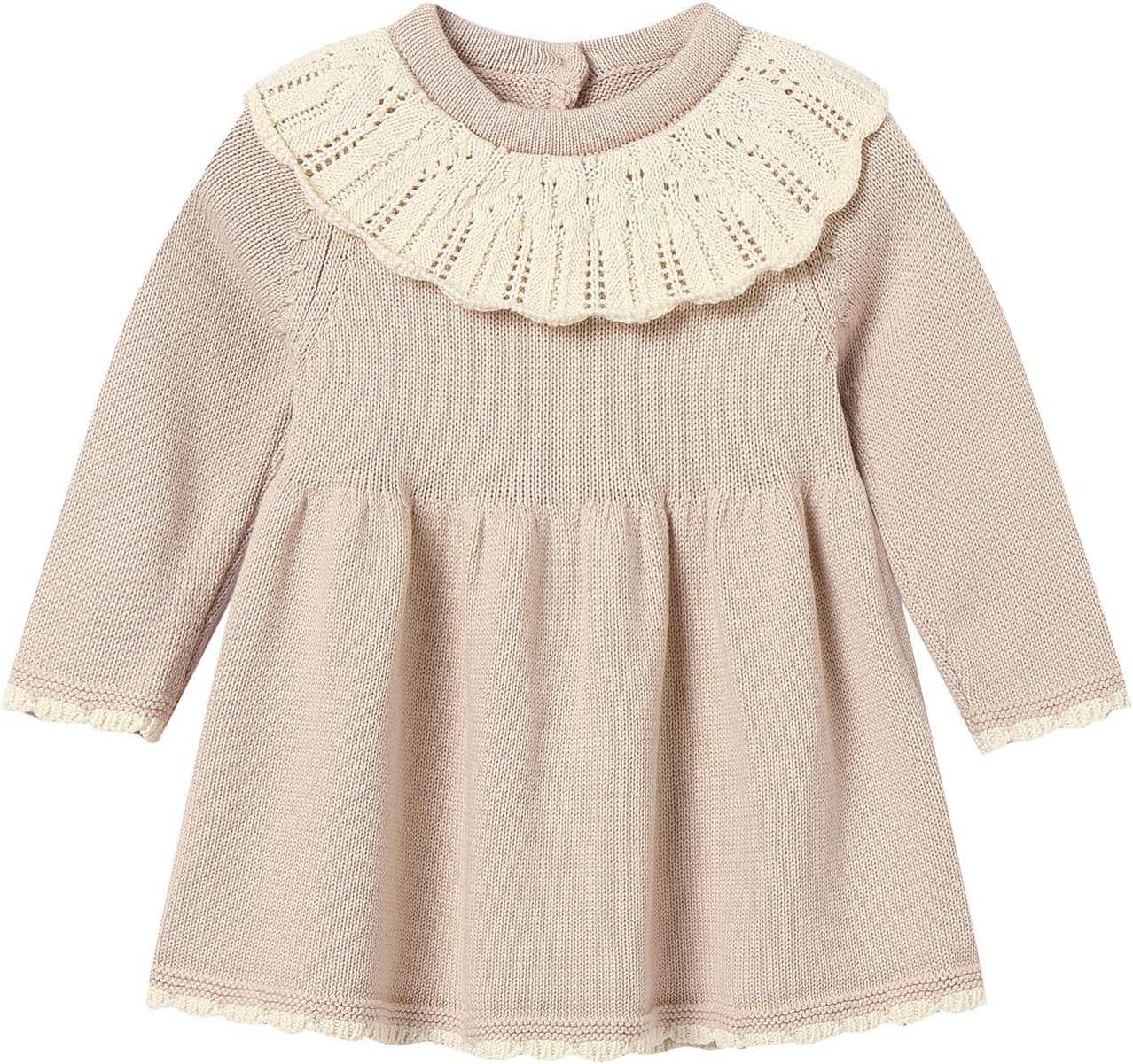 Baby Girl Knit Sweater Dress with Crochet Ruffle Collar Cotton Winter Dresses for 6M-5T