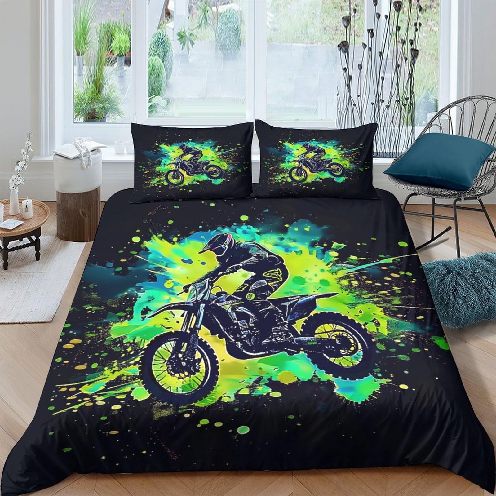 Ctjqhvkz Style-3 3D Printed Neon Motocross Fitted Sheet Microfiber Soft Anti-Slip Splash Art Mattress Cover Bedroom Decor Single（135X200cm）
