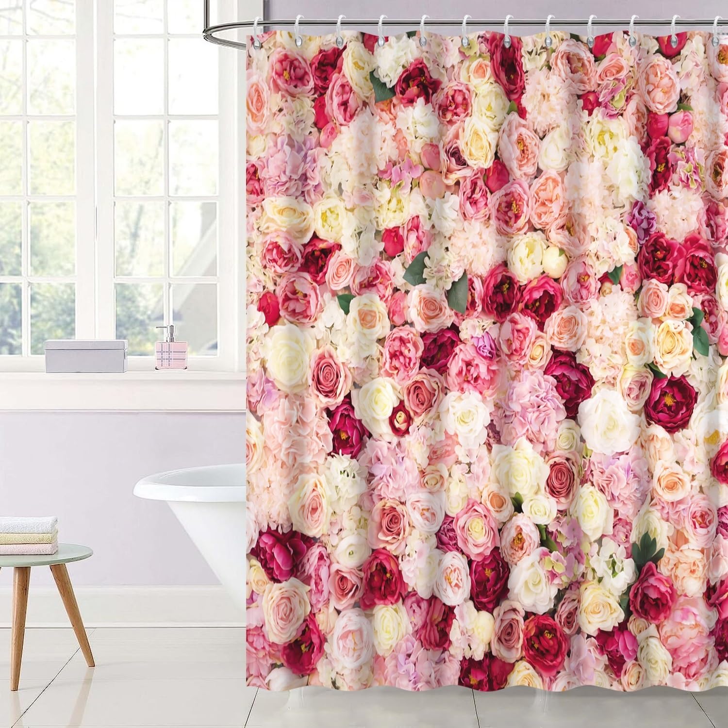 OERJU Floral Shower Curtain Red and Pink Rose Flowers Vivid Bright Spring Wedding Beautiful Women Bath Curtain Waterproof Polyester Fabric Bathroom
